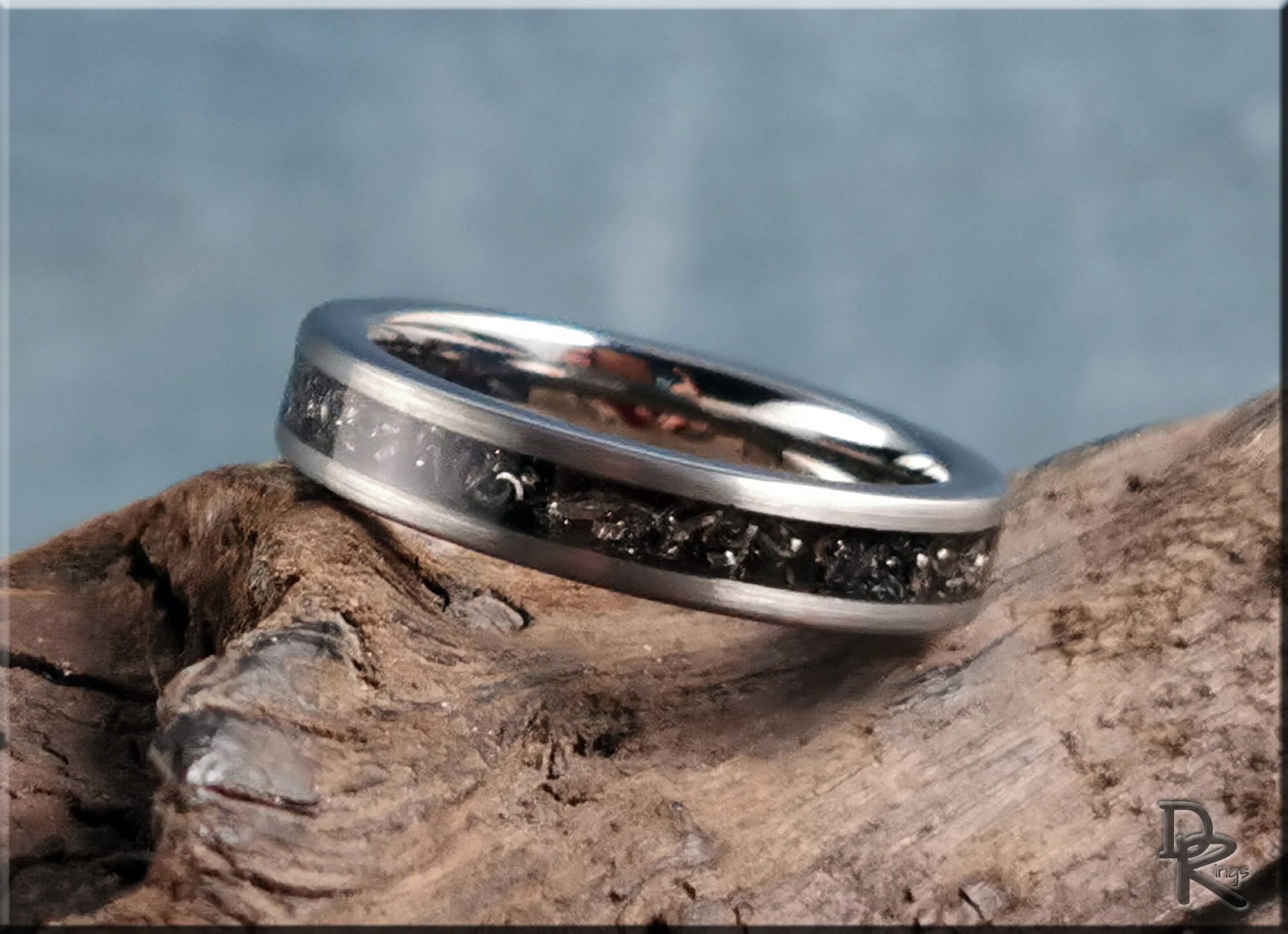 Brushed Tungsten Carbide Channel Ring w/offset Meteorite inlay - metal ring