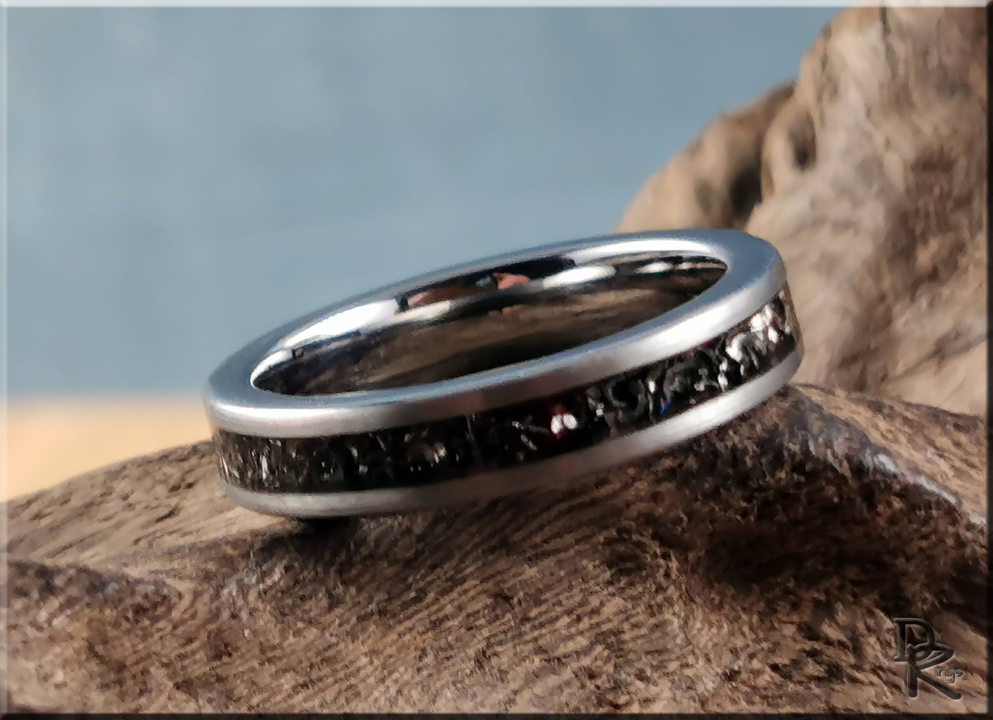 Brushed Tungsten Carbide Channel Ring w/offset Meteorite inlay - metal ring