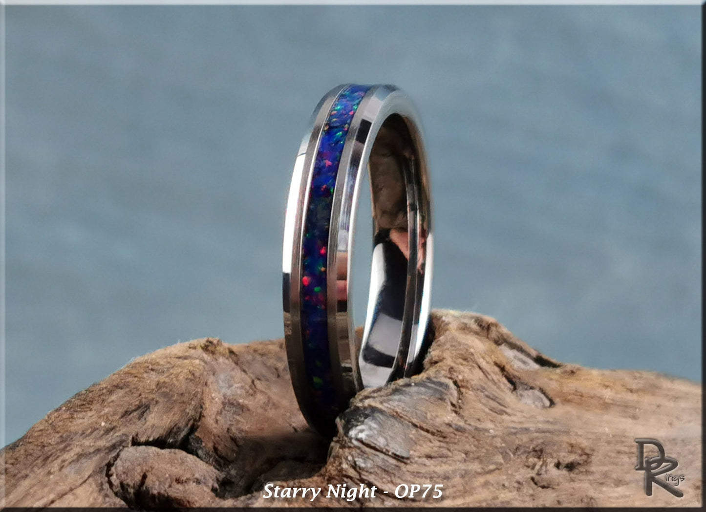 4mm Tungsten Carbide Thinline Channel Ring w/Opal inlay - metal ring