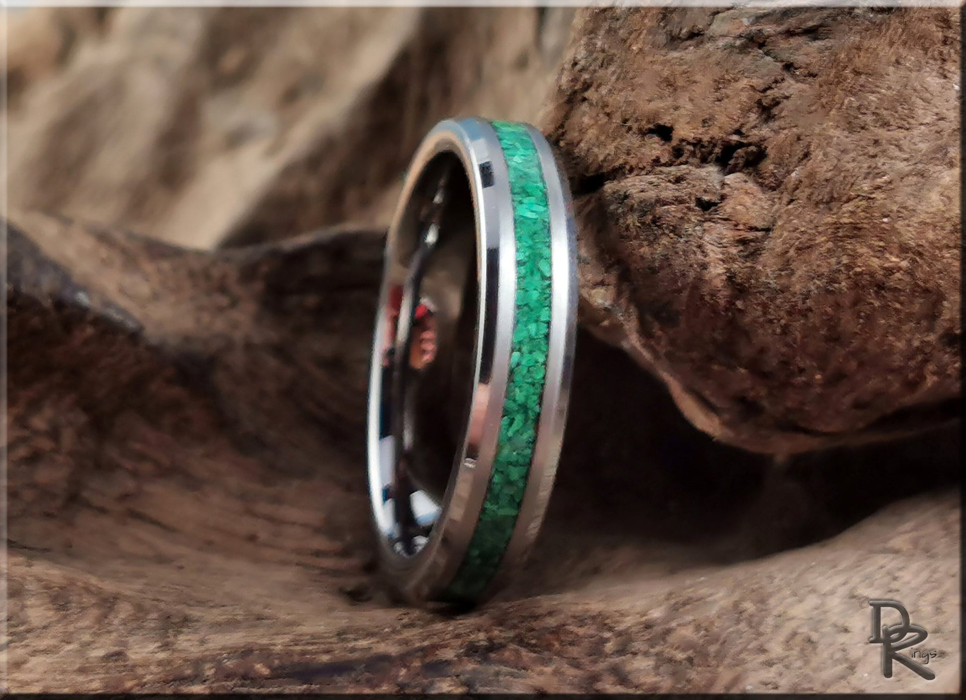 Thin Line Tungsten Carbide Channel Ring w/Green Malachite inlay - metal ring