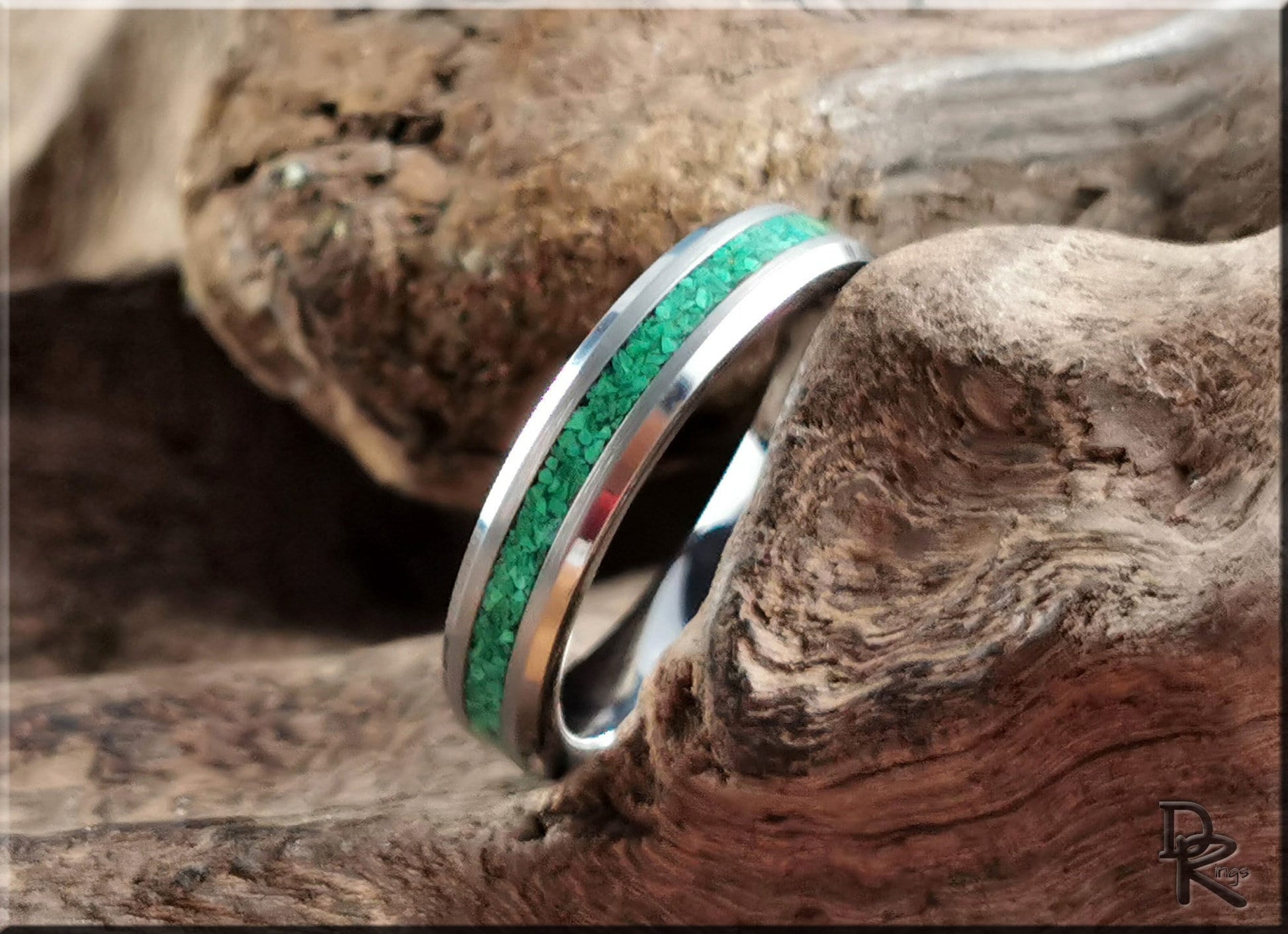 Thin Line Tungsten Carbide Channel Ring w/Green Malachite inlay - metal ring