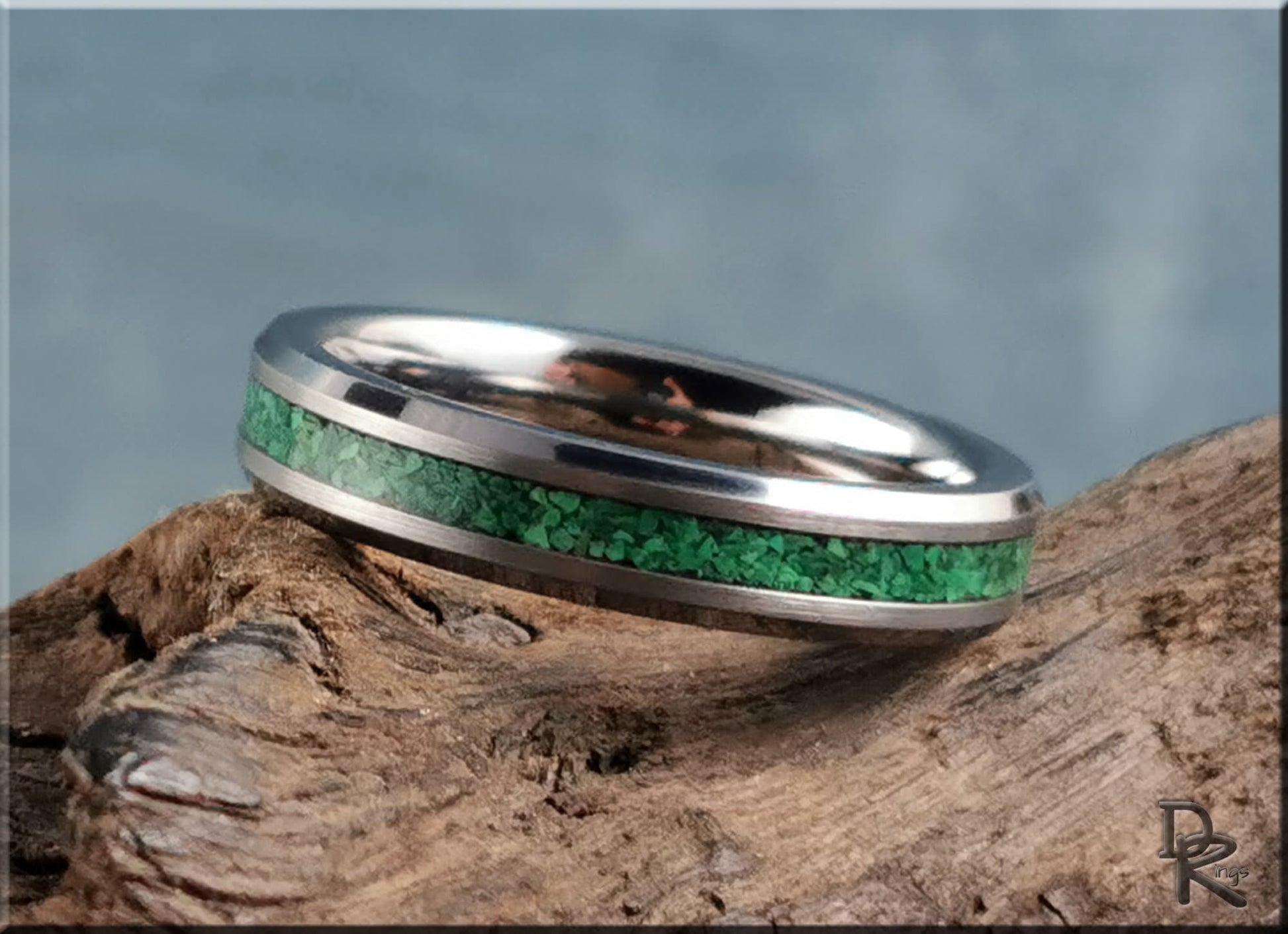 Thin Line Tungsten Carbide Channel Ring w/Green Malachite inlay - metal ring
