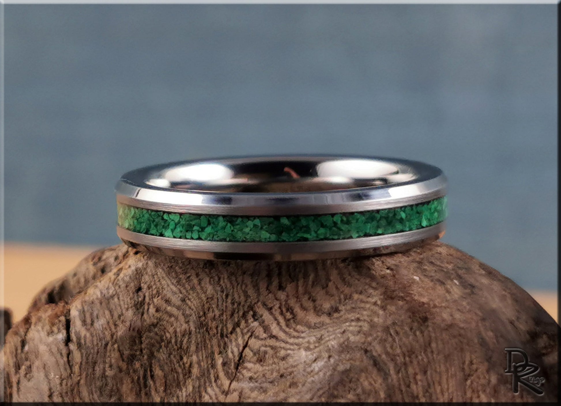 Thin Line Tungsten Carbide Channel Ring w/Green Malachite inlay - metal ring
