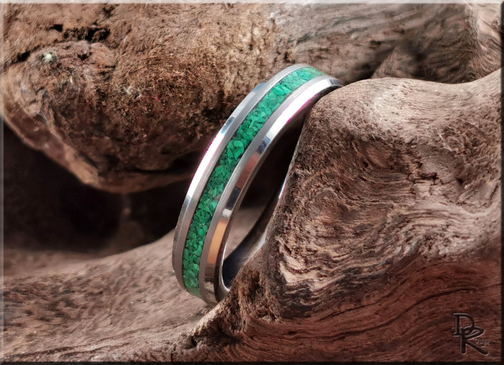 Thin Line Tungsten Carbide Channel Ring w/Green Malachite inlay - metal ring