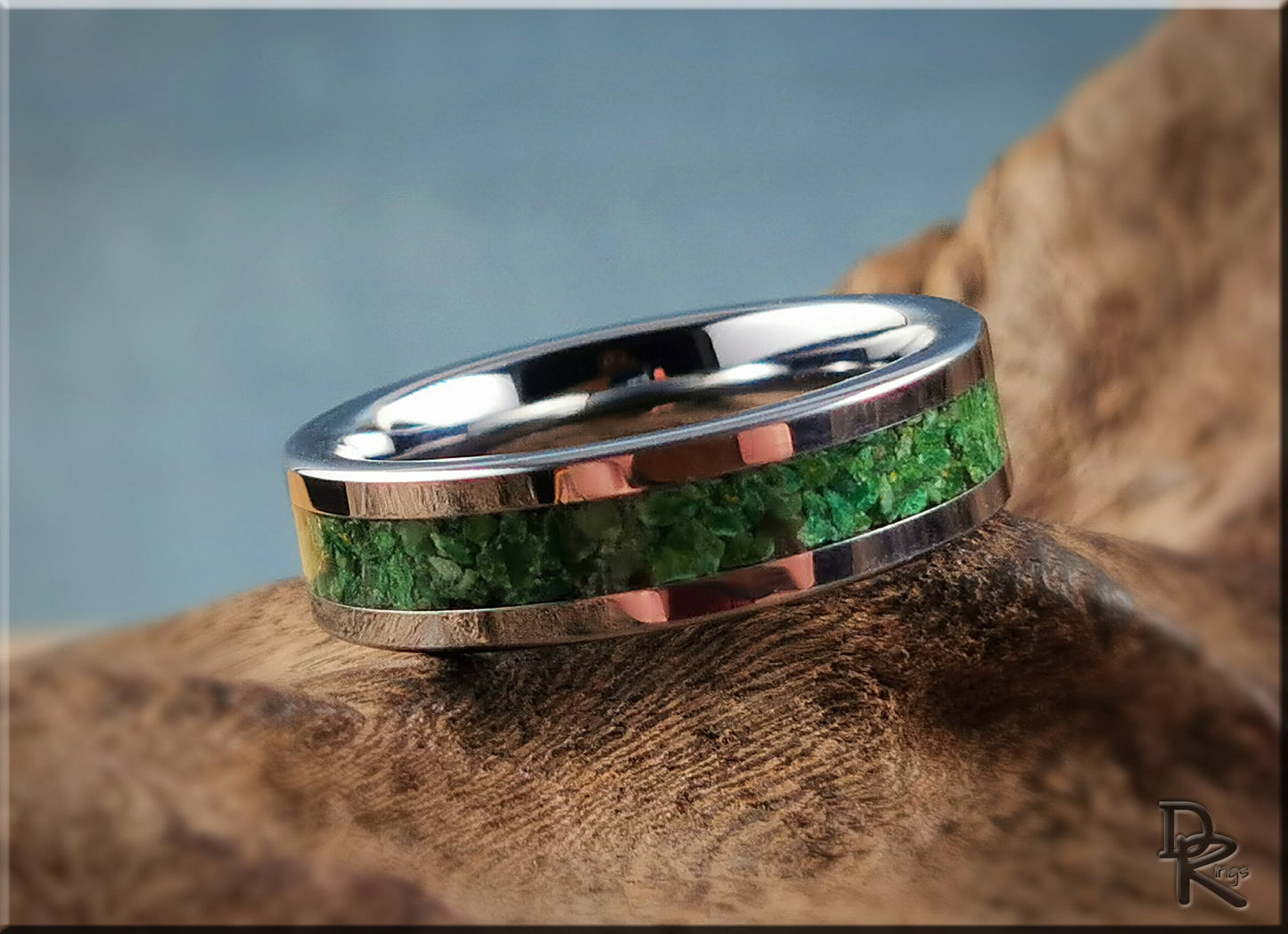 Flat Edge Tungsten Carbide Channel Ring w/Verdite stone inlay - metal ring