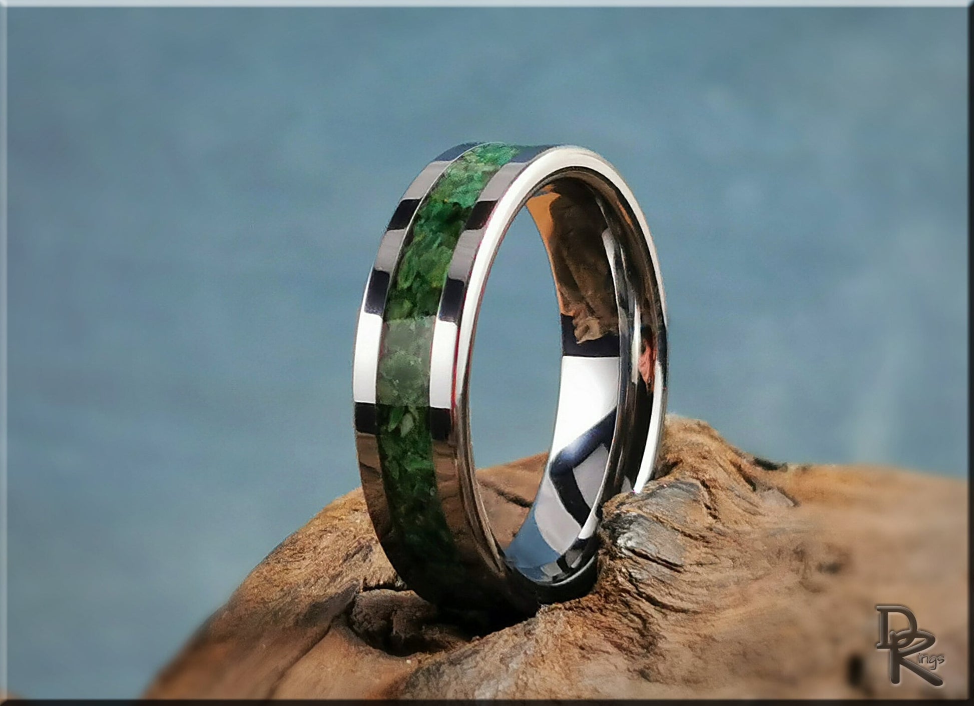 Flat Edge Tungsten Carbide Channel Ring w/Verdite stone inlay - metal ring