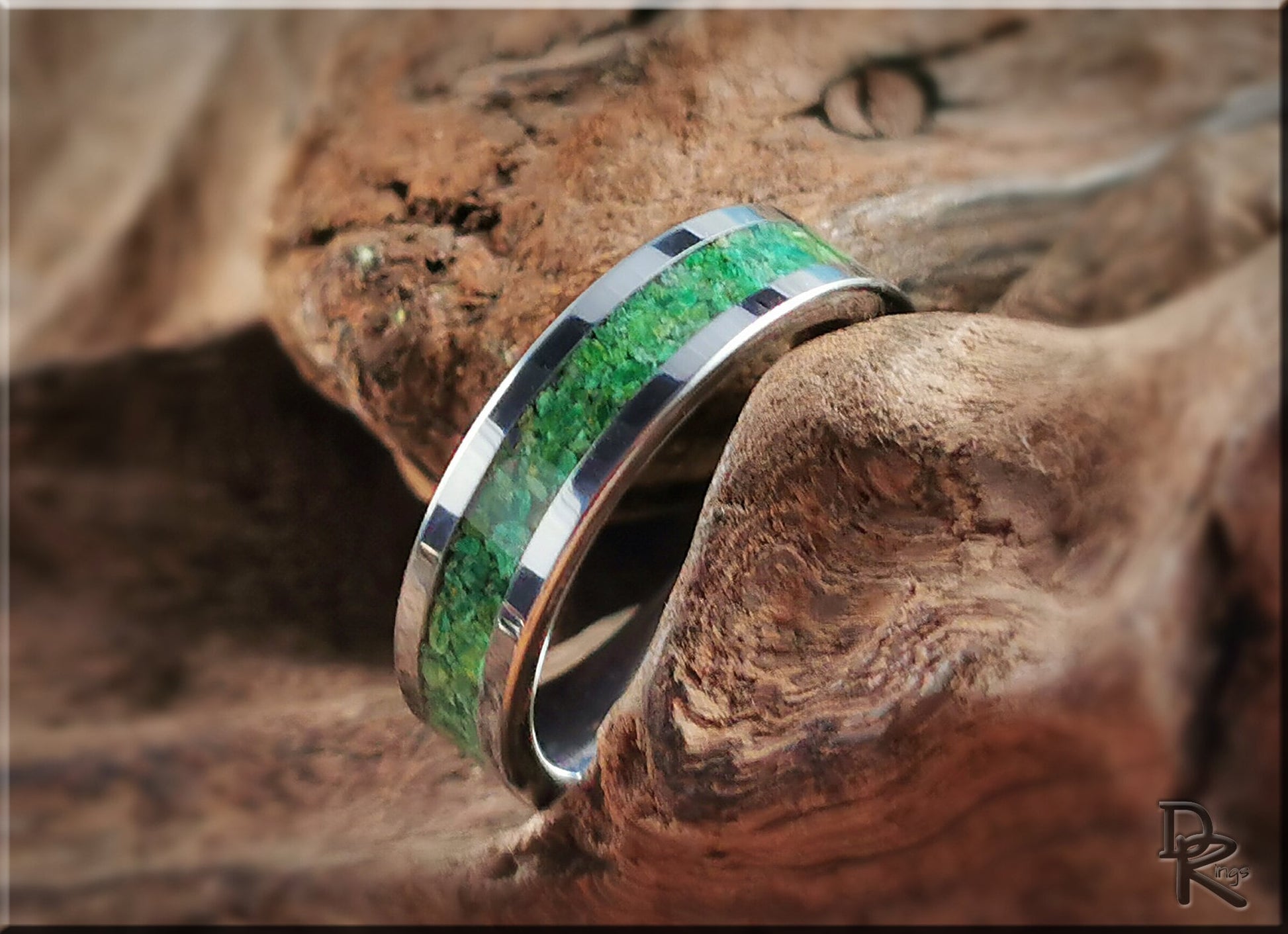 Flat Edge Tungsten Carbide Channel Ring w/Verdite stone inlay - metal ring