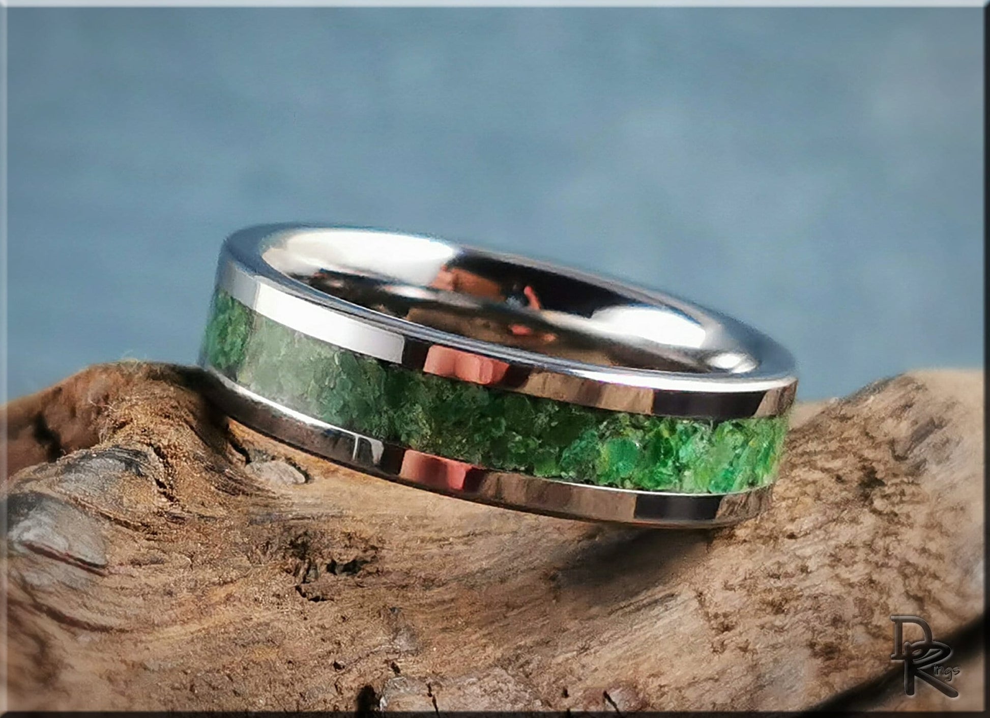 Flat Edge Tungsten Carbide Channel Ring w/Verdite stone inlay - metal ring