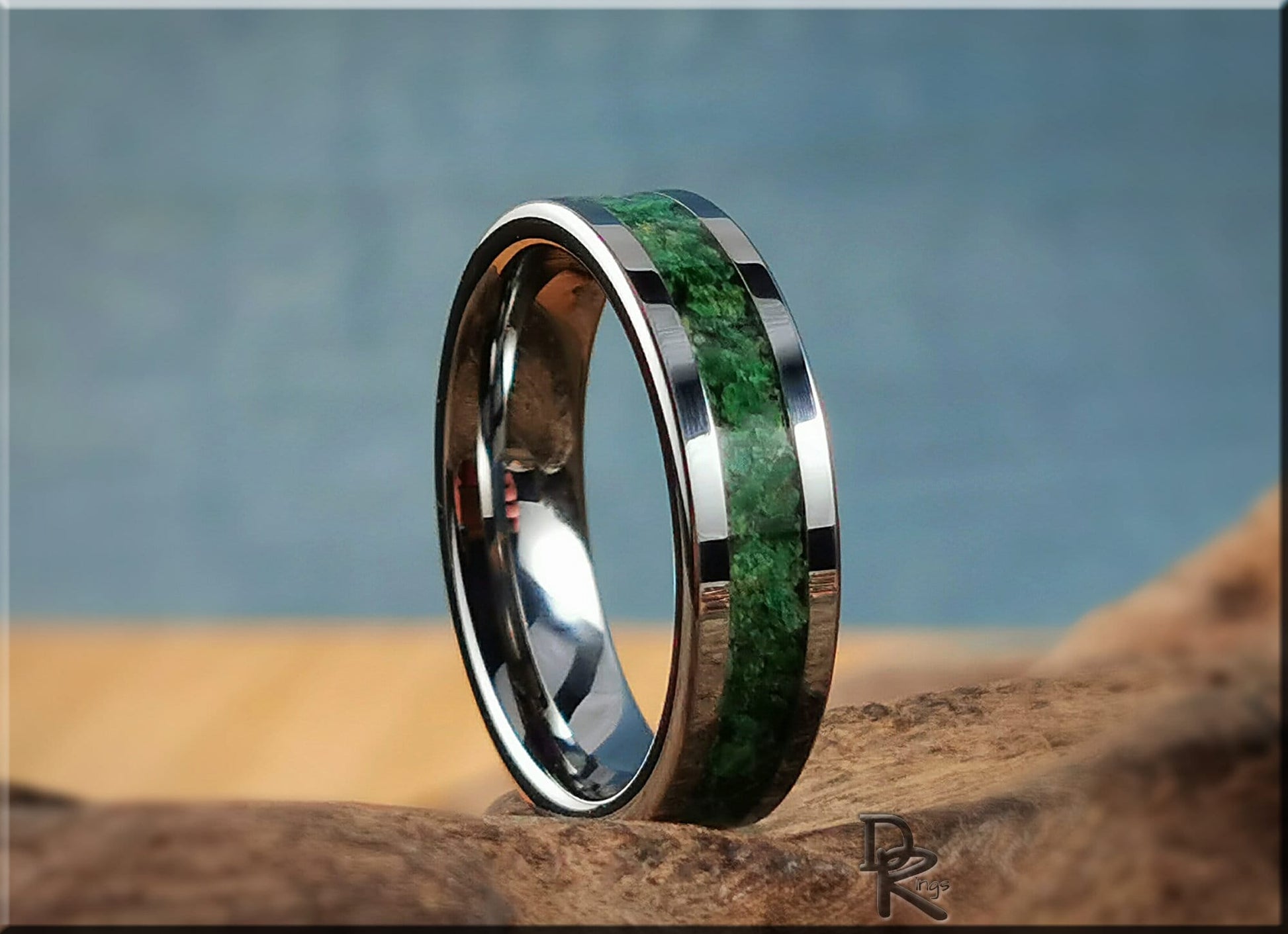 Flat Edge Tungsten Carbide Channel Ring w/Verdite stone inlay - metal ring