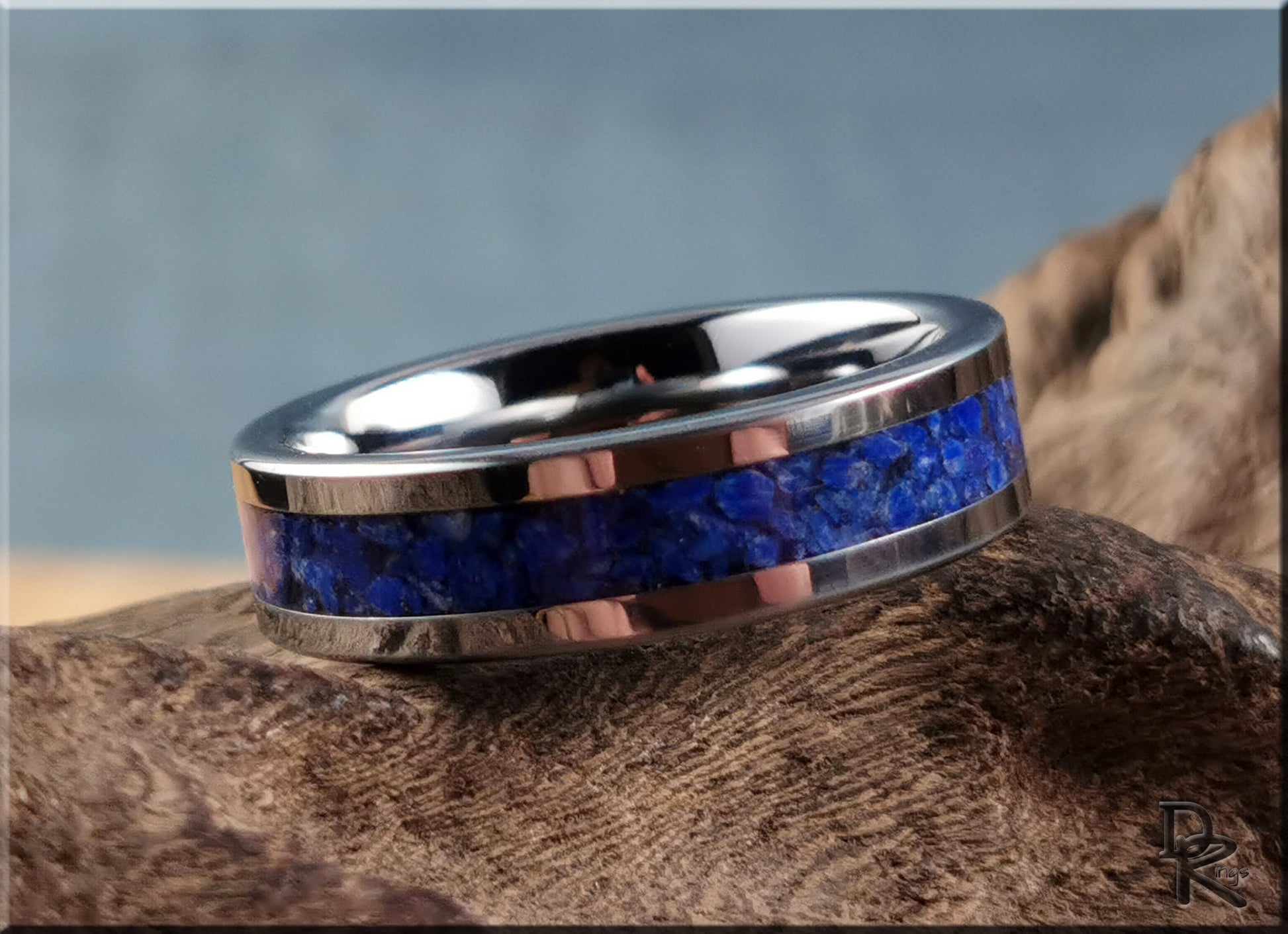 Flat Edge Tungsten Carbide Channel Ring w/Lapis Lazuli inlay - metal ring