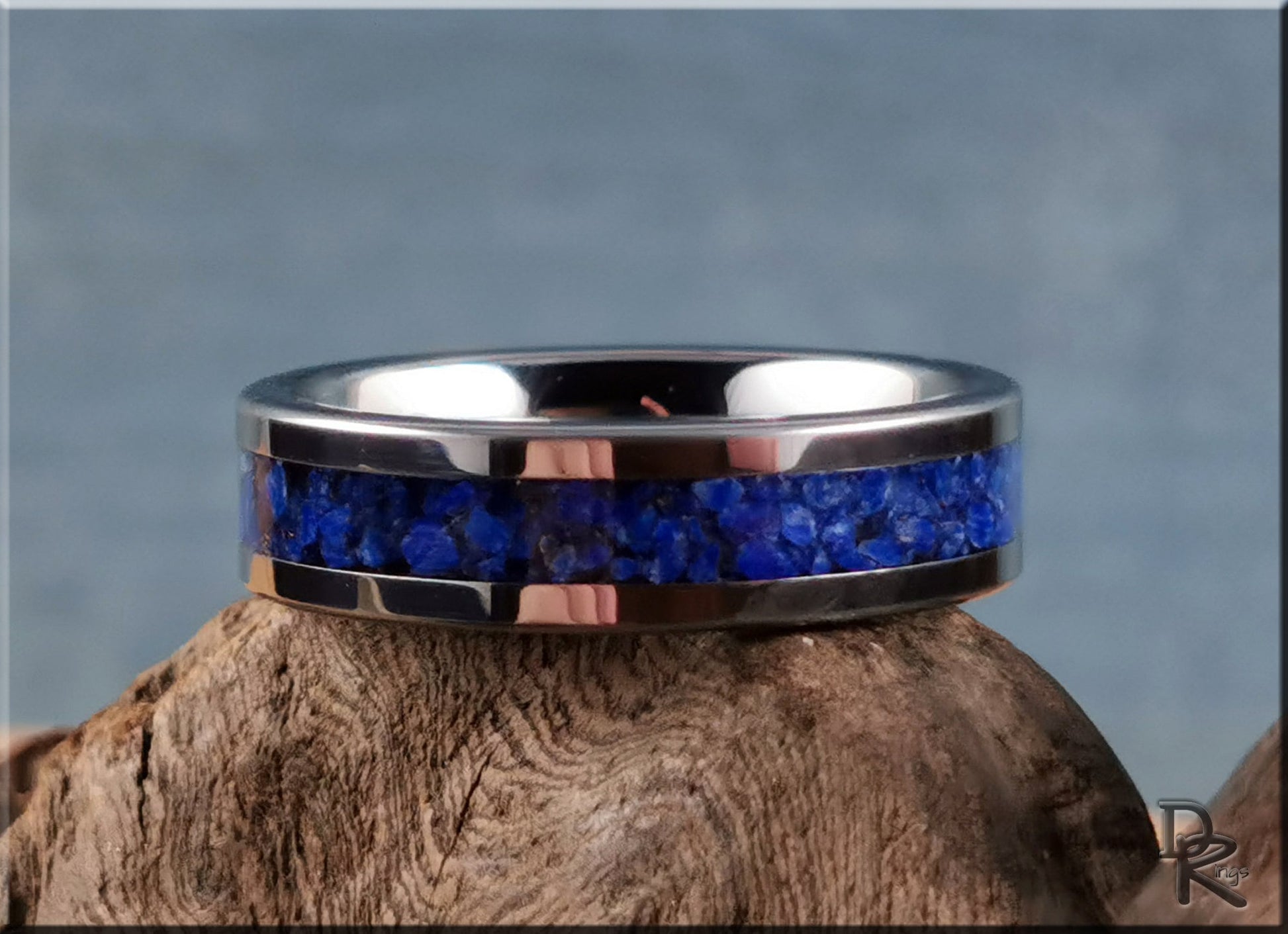 Flat Edge Tungsten Carbide Channel Ring w/Lapis Lazuli inlay - metal ring
