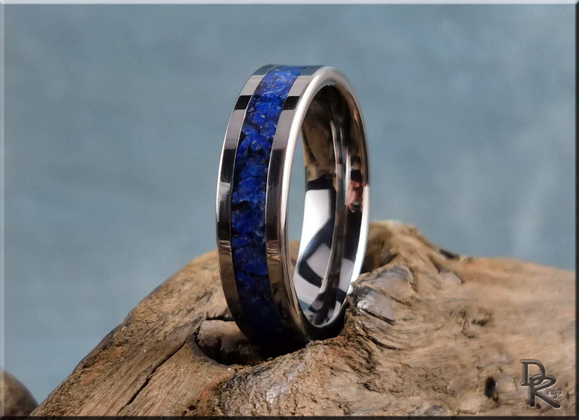 Flat Edge Tungsten Carbide Channel Ring w/Lapis Lazuli inlay - metal ring