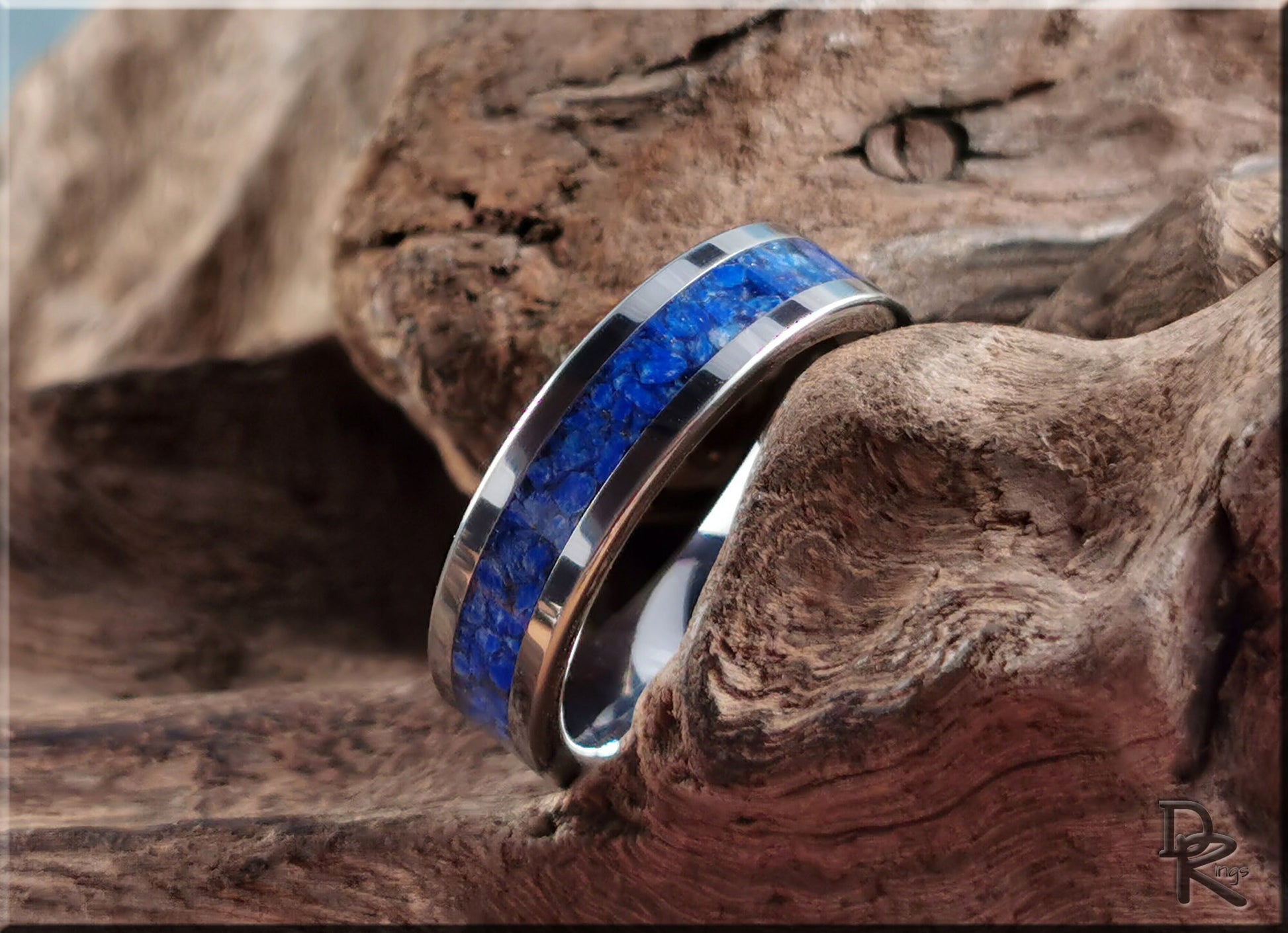 Flat Edge Tungsten Carbide Channel Ring w/Lapis Lazuli inlay - metal ring