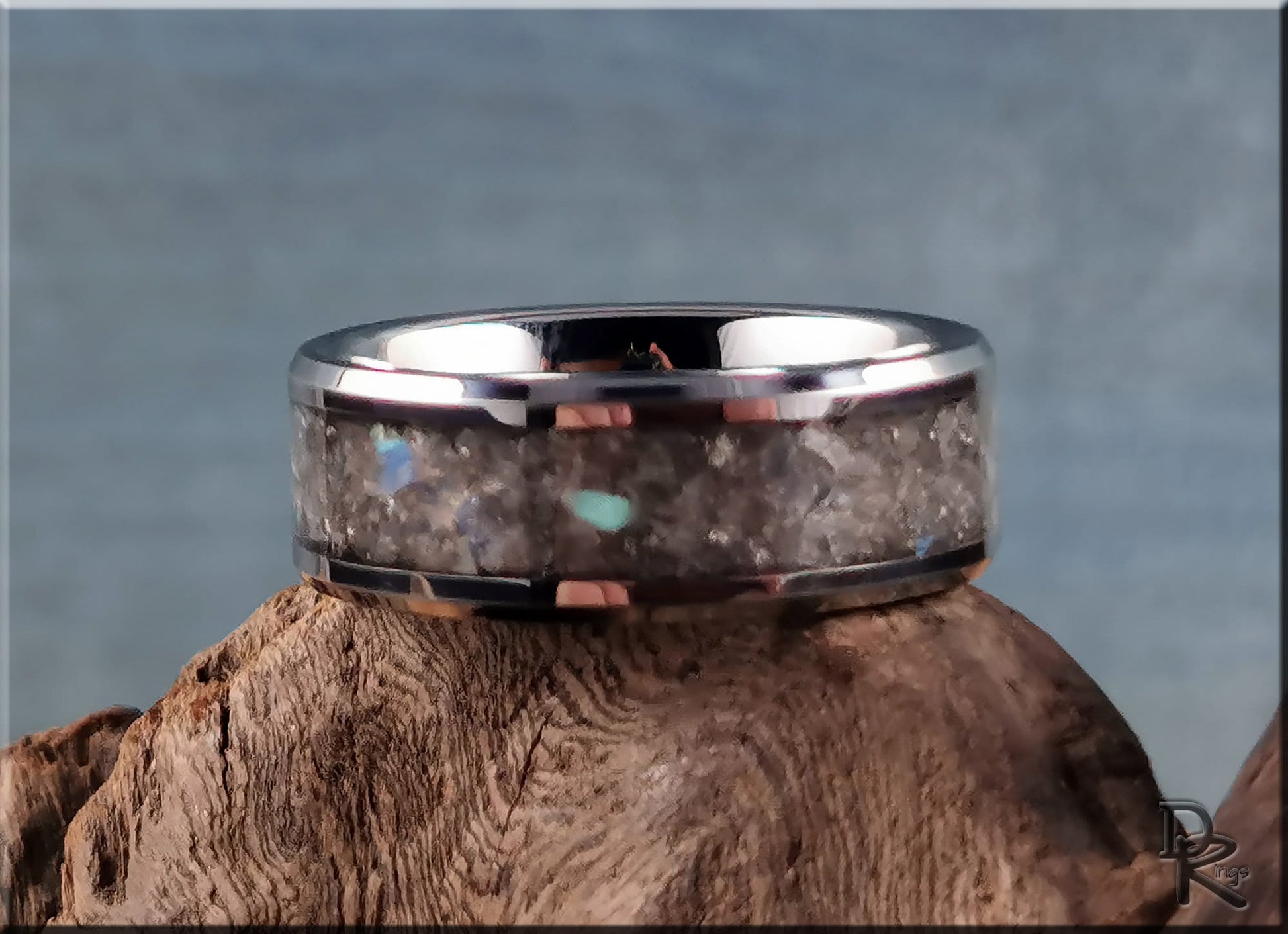 Polished Tungsten Carbide Channel Ring w/Labradorite stone inlay - ceramic ring