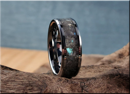 Polished Tungsten Carbide Channel Ring w/Labradorite stone inlay - ceramic ring