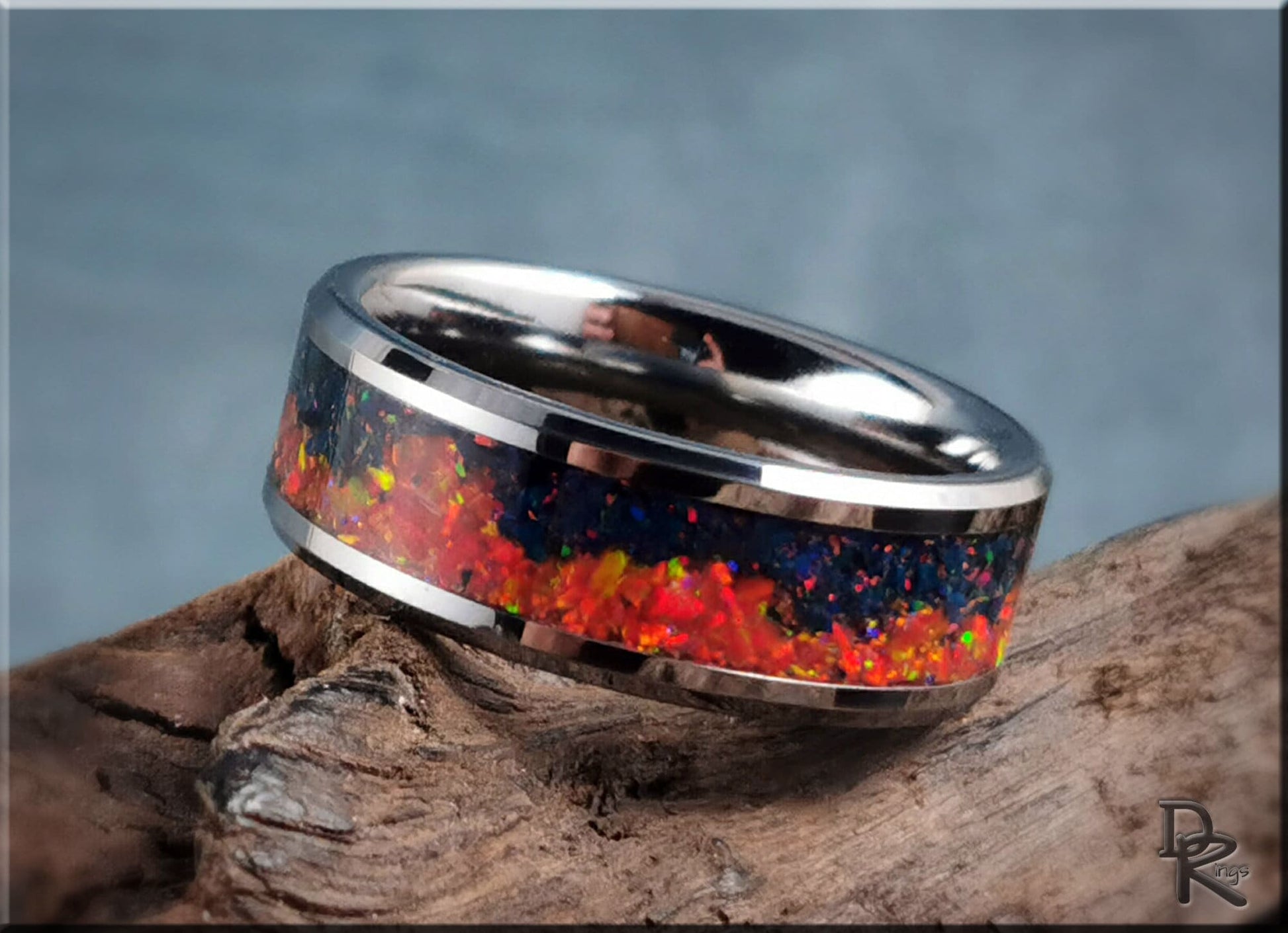 Tungsten Carbide Channel Ring w/Nebula opal inlay - metal ring