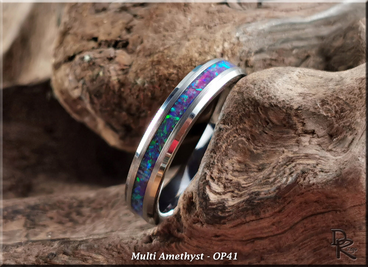 4mm Tungsten Carbide Thinline Channel Ring w/Opal inlay - metal ring