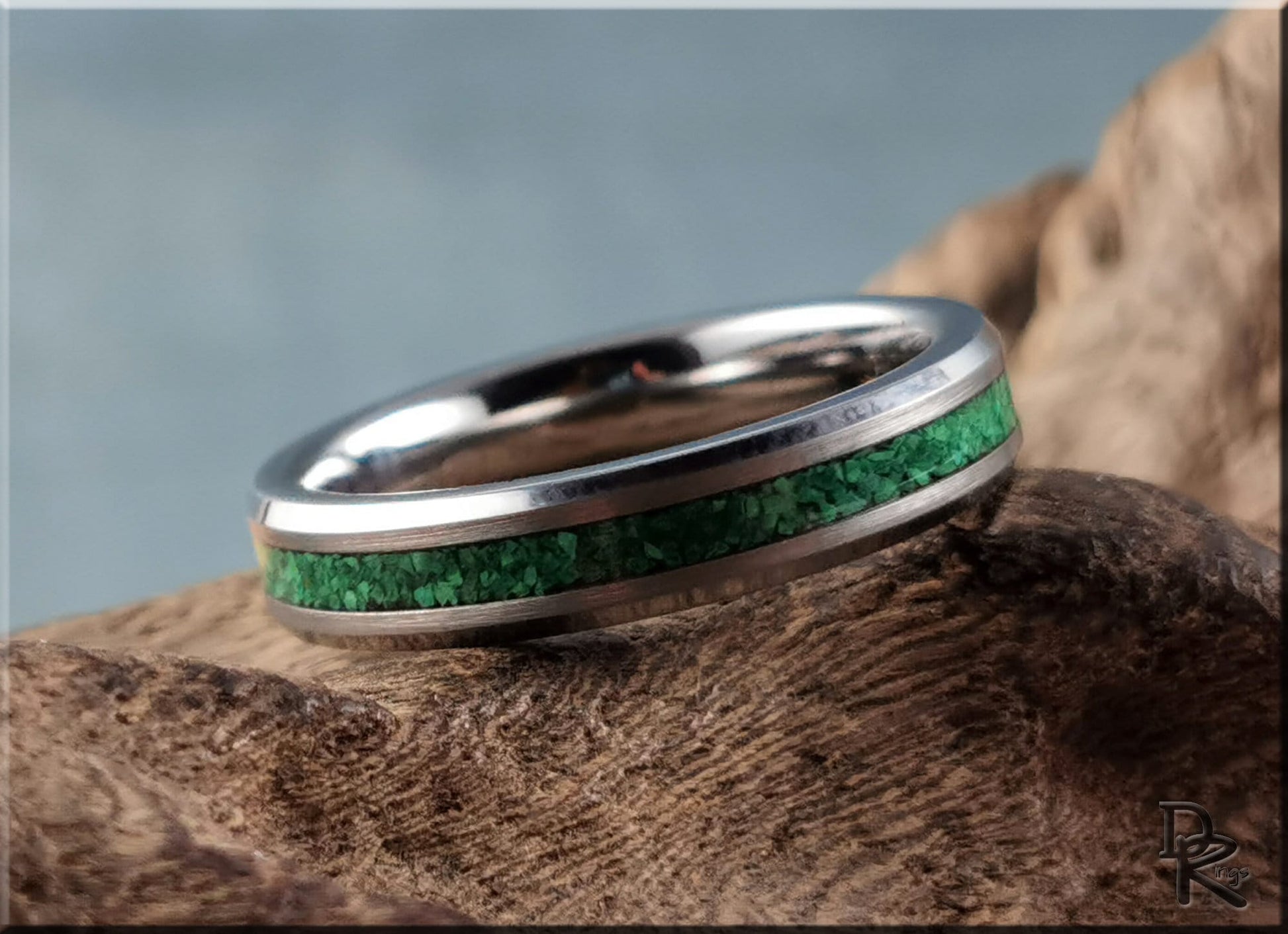 Thin Line Tungsten Carbide Channel Ring w/Green Malachite inlay - metal ring