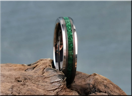 Thin Line Tungsten Carbide Channel Ring w/Green Malachite inlay - metal ring
