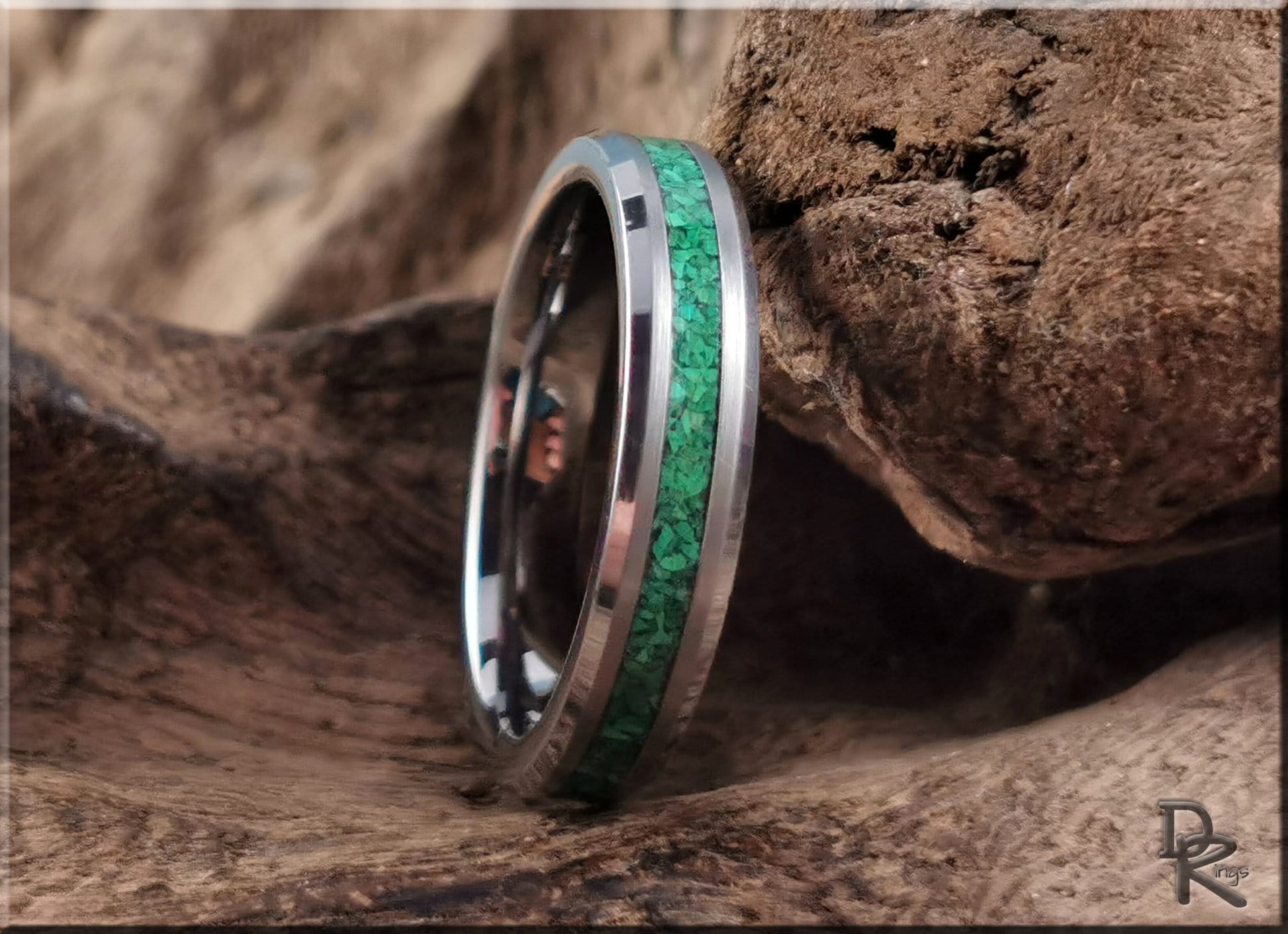 Thin Line Tungsten Carbide Channel Ring w/Green Malachite inlay - metal ring