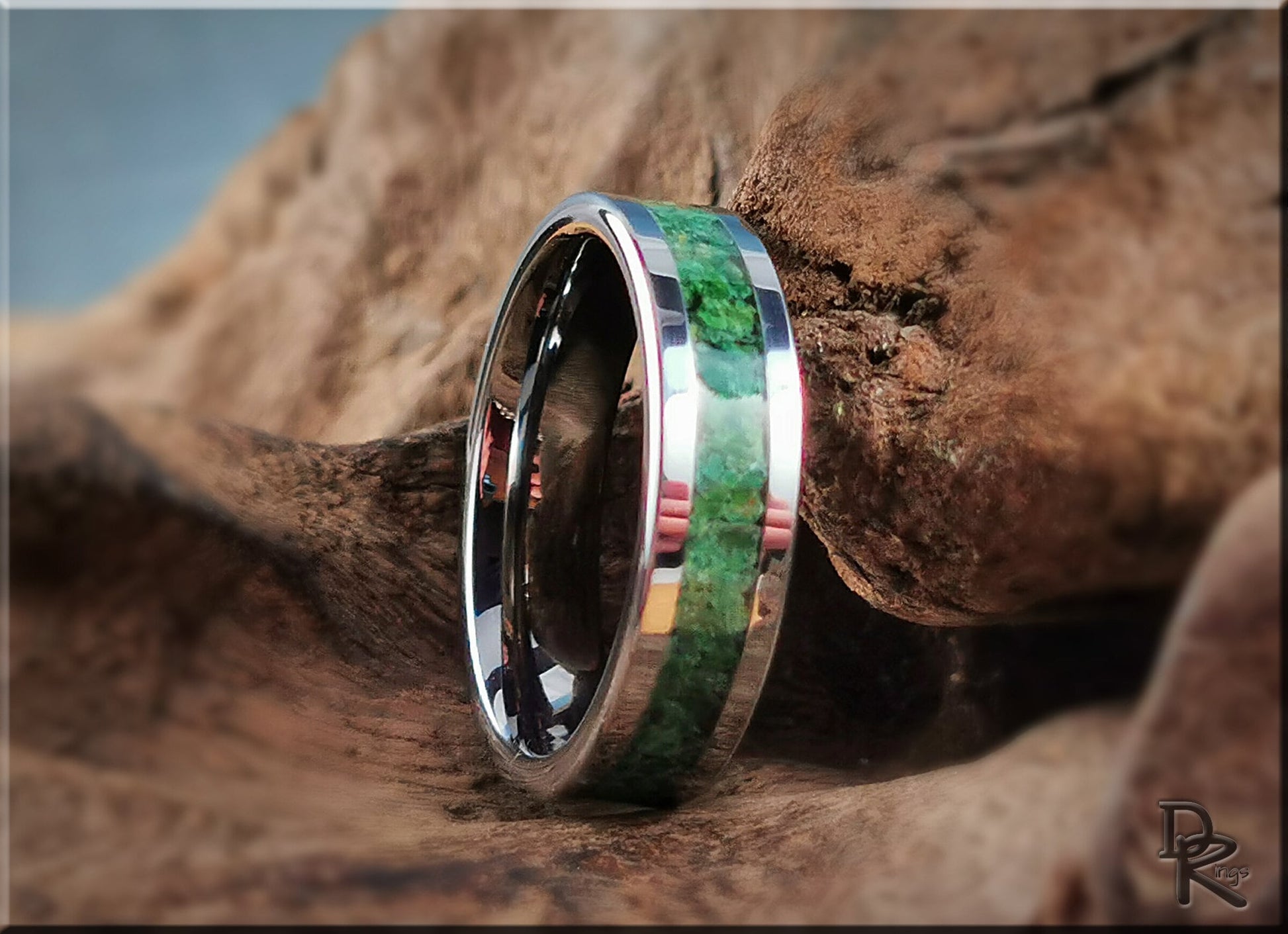 Flat Edge Tungsten Carbide Channel Ring w/Verdite stone inlay - metal ring