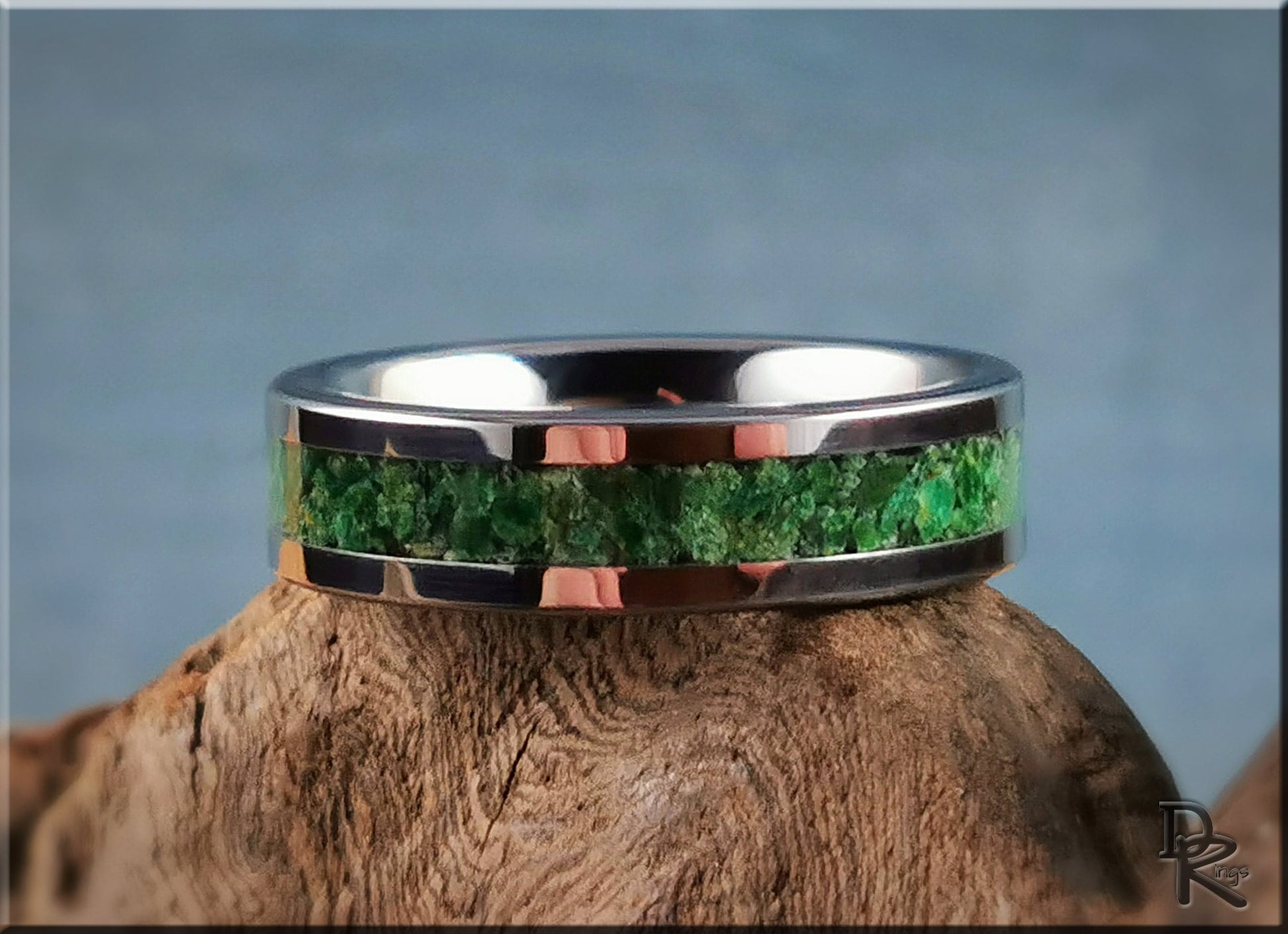 Flat Edge Tungsten Carbide Channel Ring w/Verdite stone inlay - metal ring