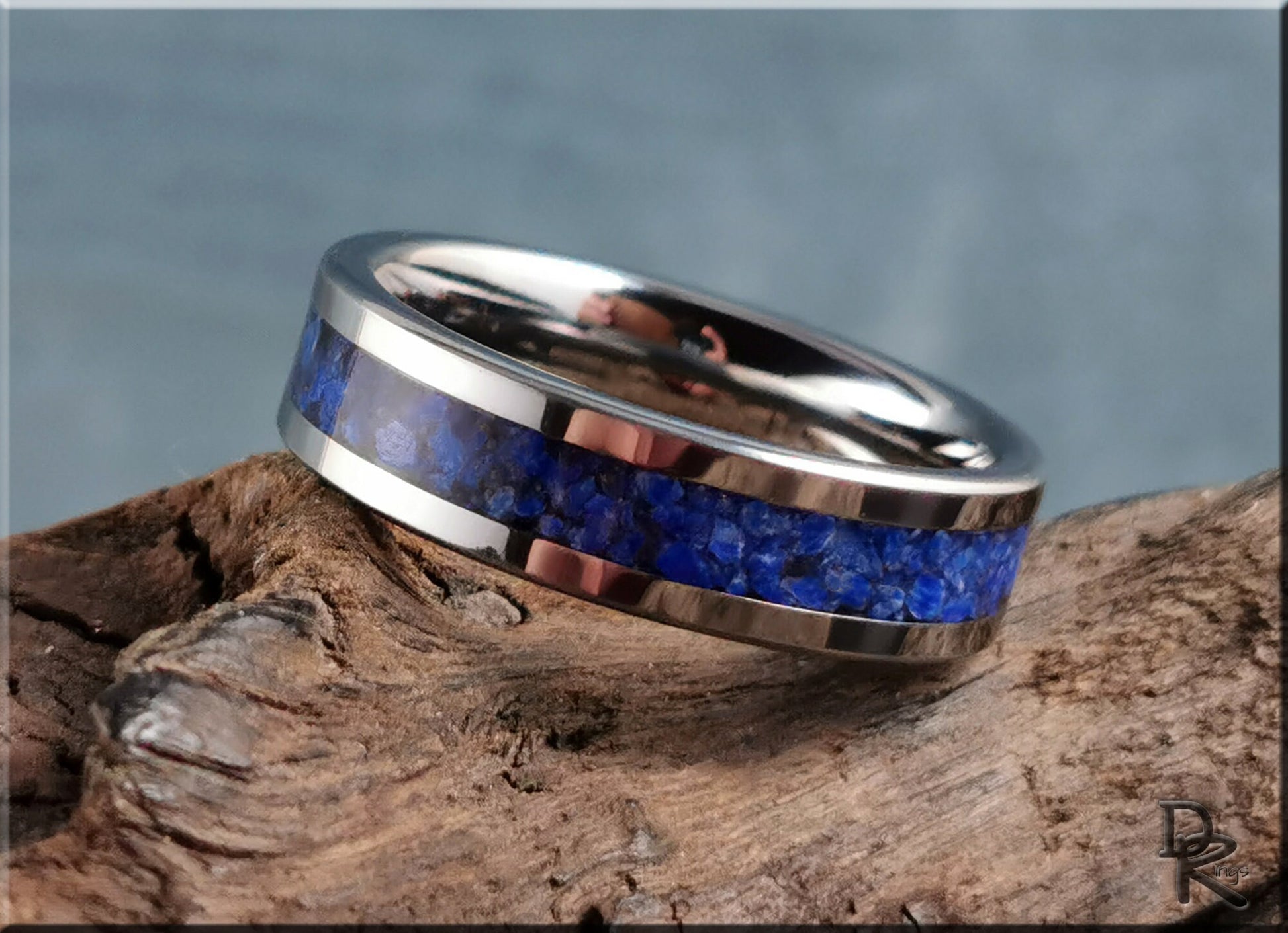 Flat Edge Tungsten Carbide Channel Ring w/Lapis Lazuli inlay - metal ring