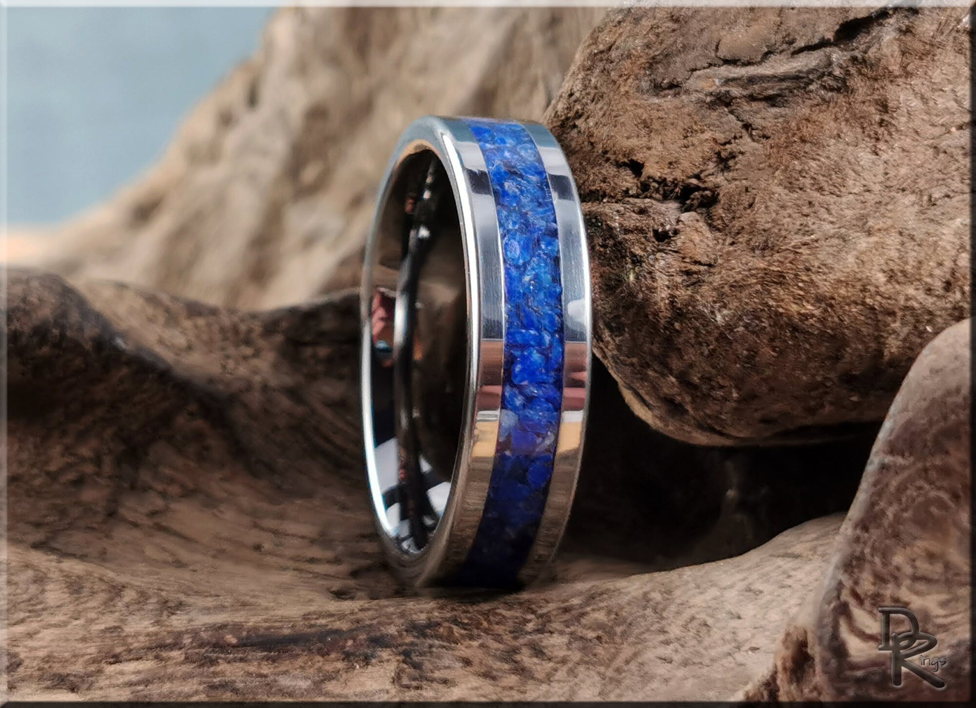 Flat Edge Tungsten Carbide Channel Ring w/Lapis Lazuli inlay - metal ring