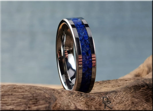 Flat Edge Tungsten Carbide Channel Ring w/Lapis Lazuli inlay - metal ring