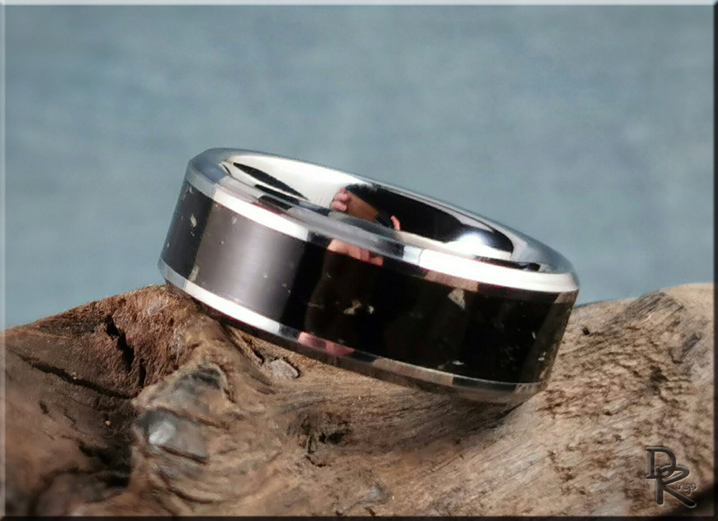 Tungsten Carbide Channel Ring w/Scottish Basaltic Sand inlay - metal ring