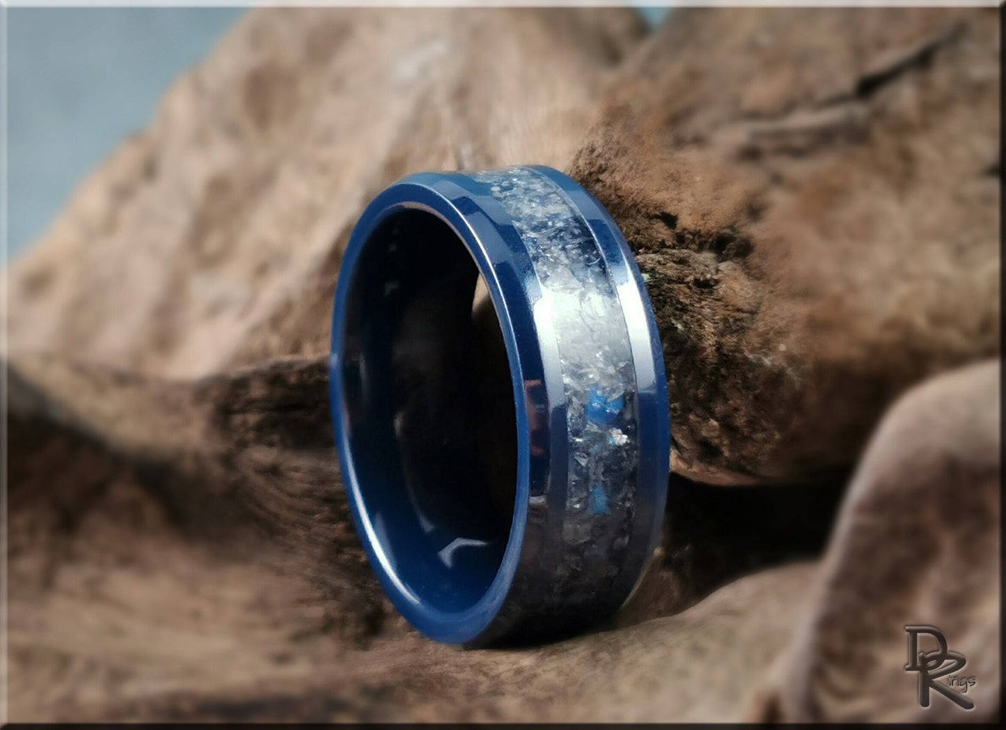 Deep Blue Ceramic Channel Ring w/Labradorite inlay - ceramic ring