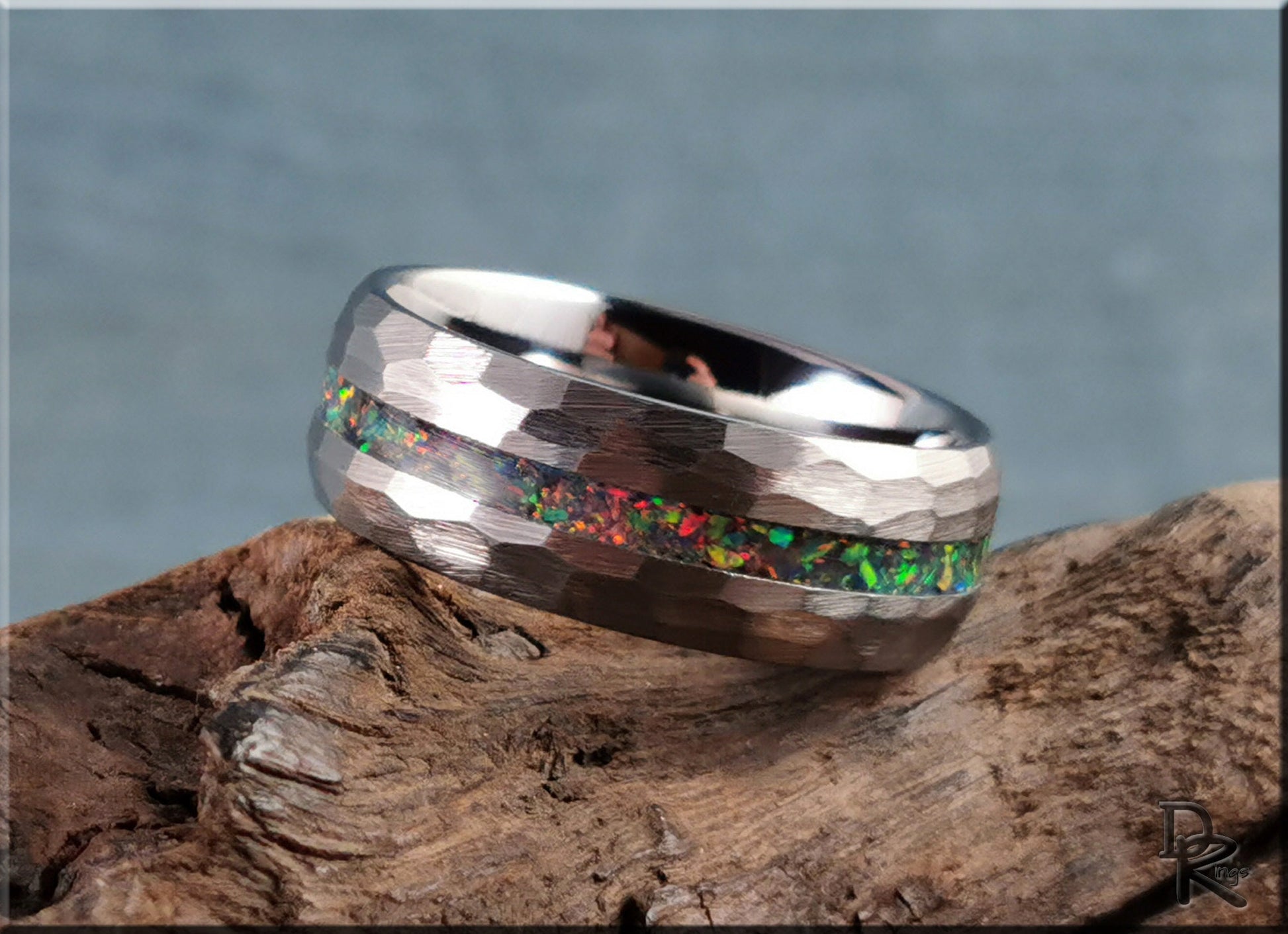 Hammered Tungsten Carbide Channel Ring w/Opal inlay - metal ring