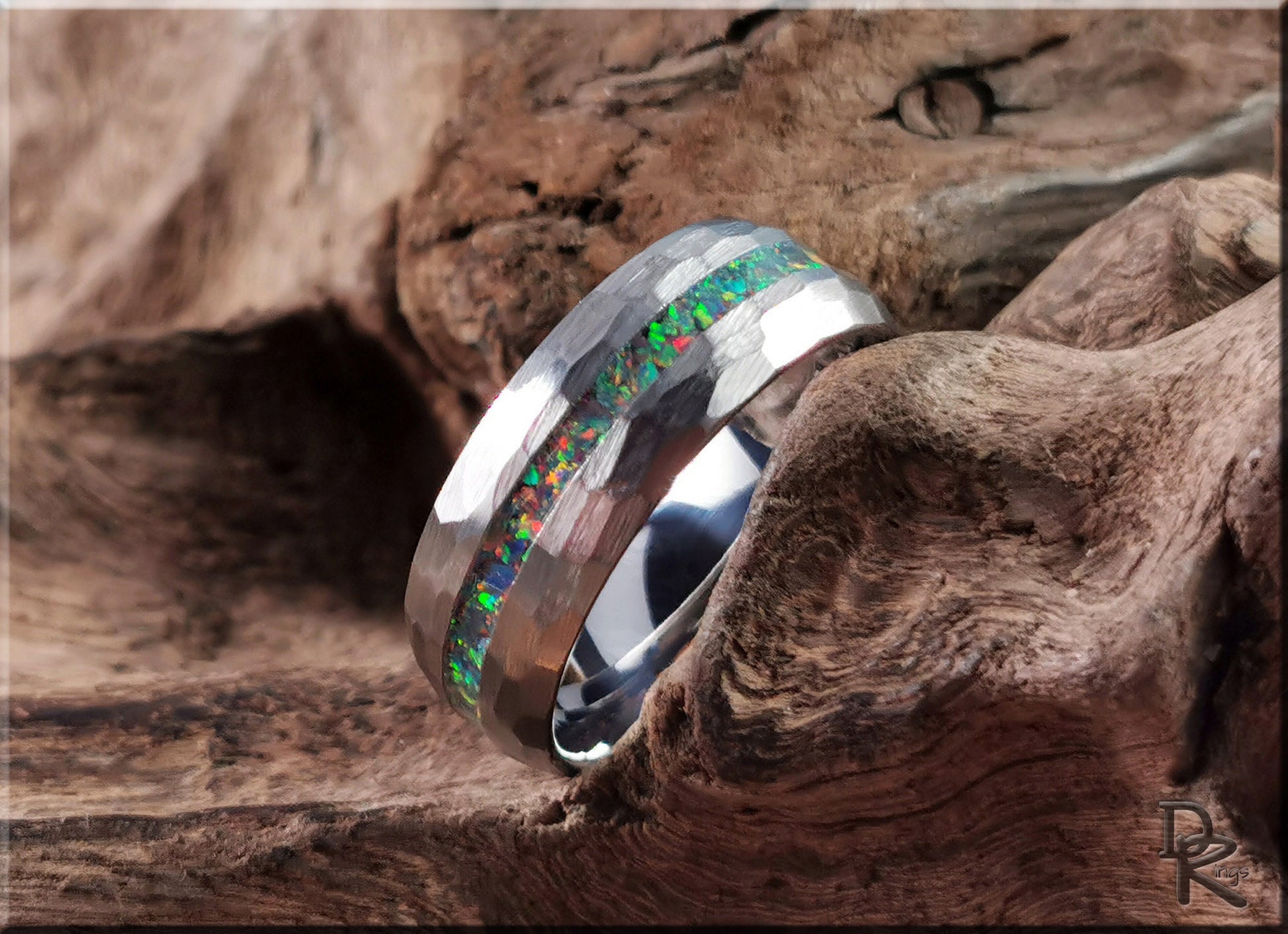 Hammered Tungsten Carbide Channel Ring w/Opal inlay - metal ring