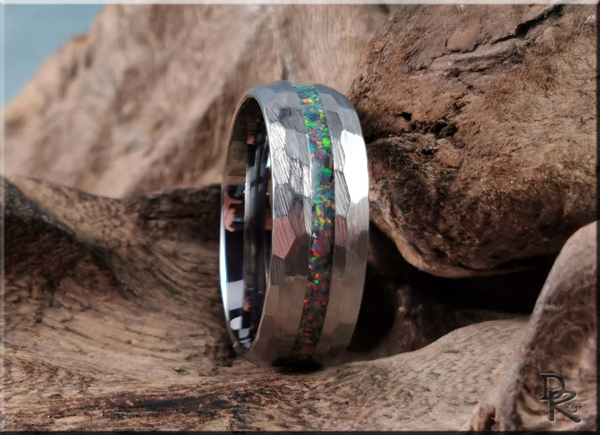 Hammered Tungsten Carbide Channel Ring w/Opal inlay - metal ring