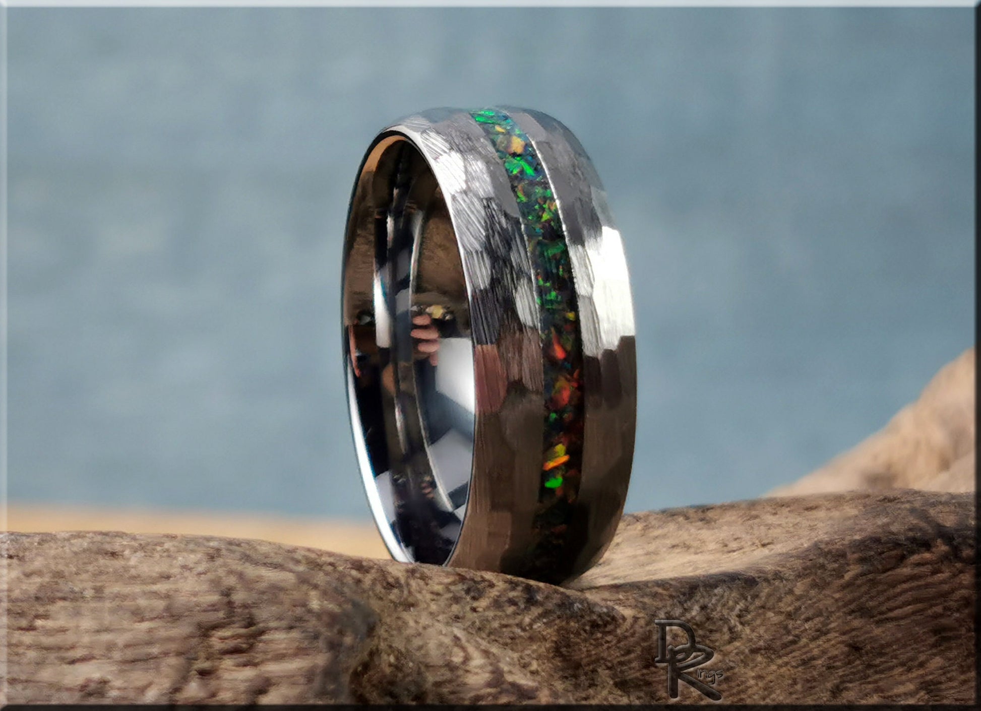 Hammered Tungsten Carbide Channel Ring w/Opal inlay - metal ring