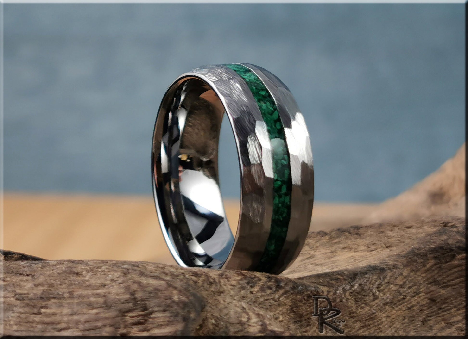 Hammered Tungsten Carbide Channel Ring w/Green Malachite inlay - metal ring