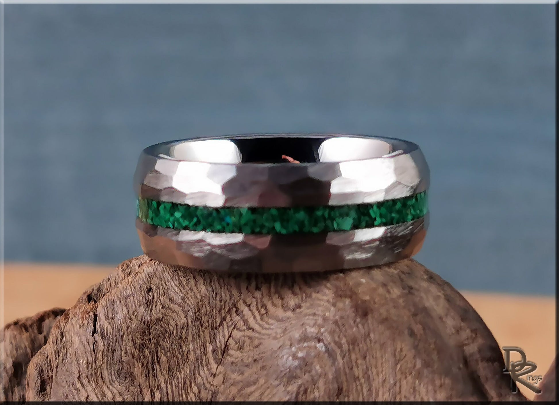 Hammered Tungsten Carbide Channel Ring w/Green Malachite inlay - metal ring