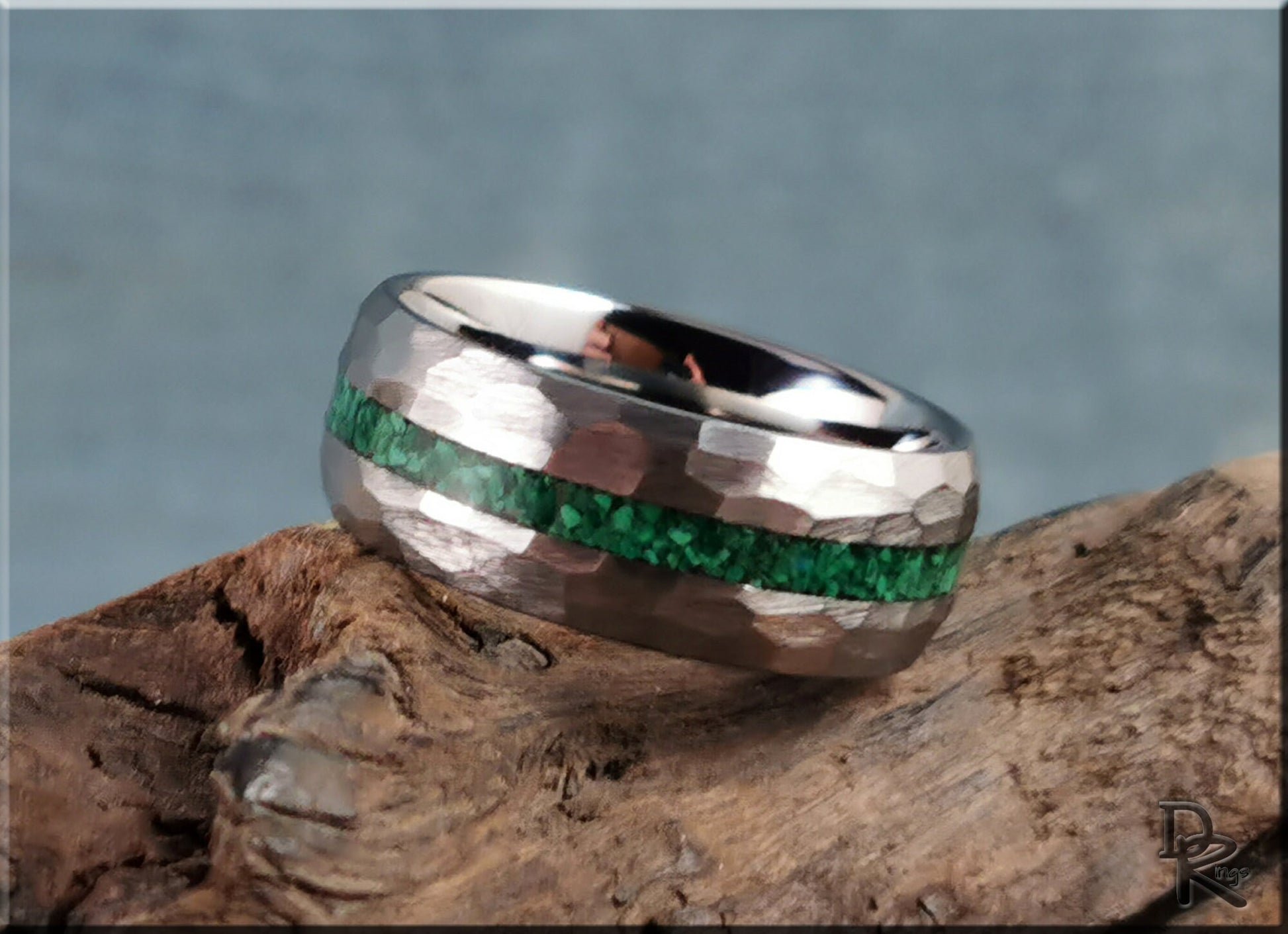Hammered Tungsten Carbide Channel Ring w/Green Malachite inlay - metal ring