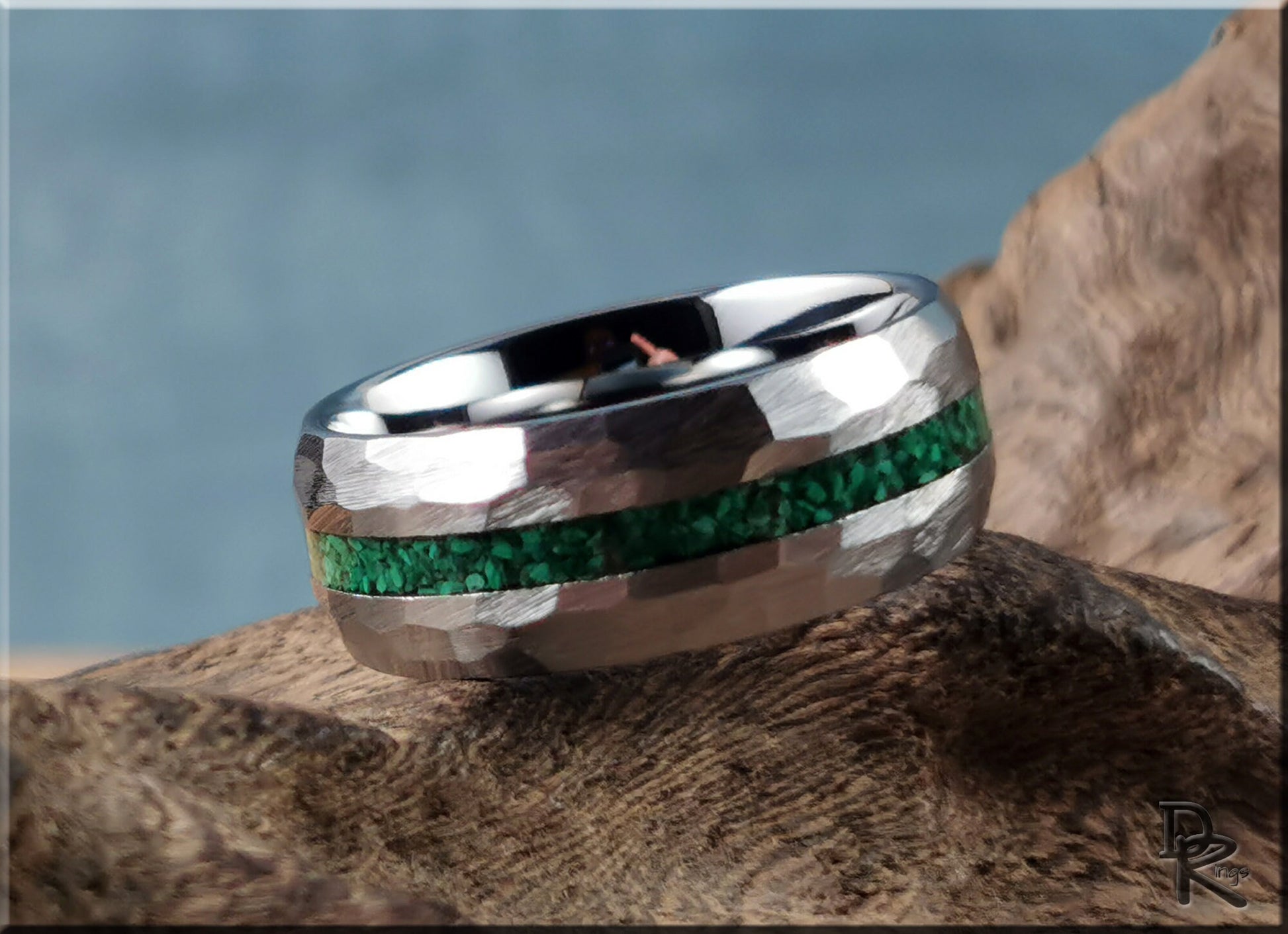 Hammered Tungsten Carbide Channel Ring w/Green Malachite inlay - metal ring