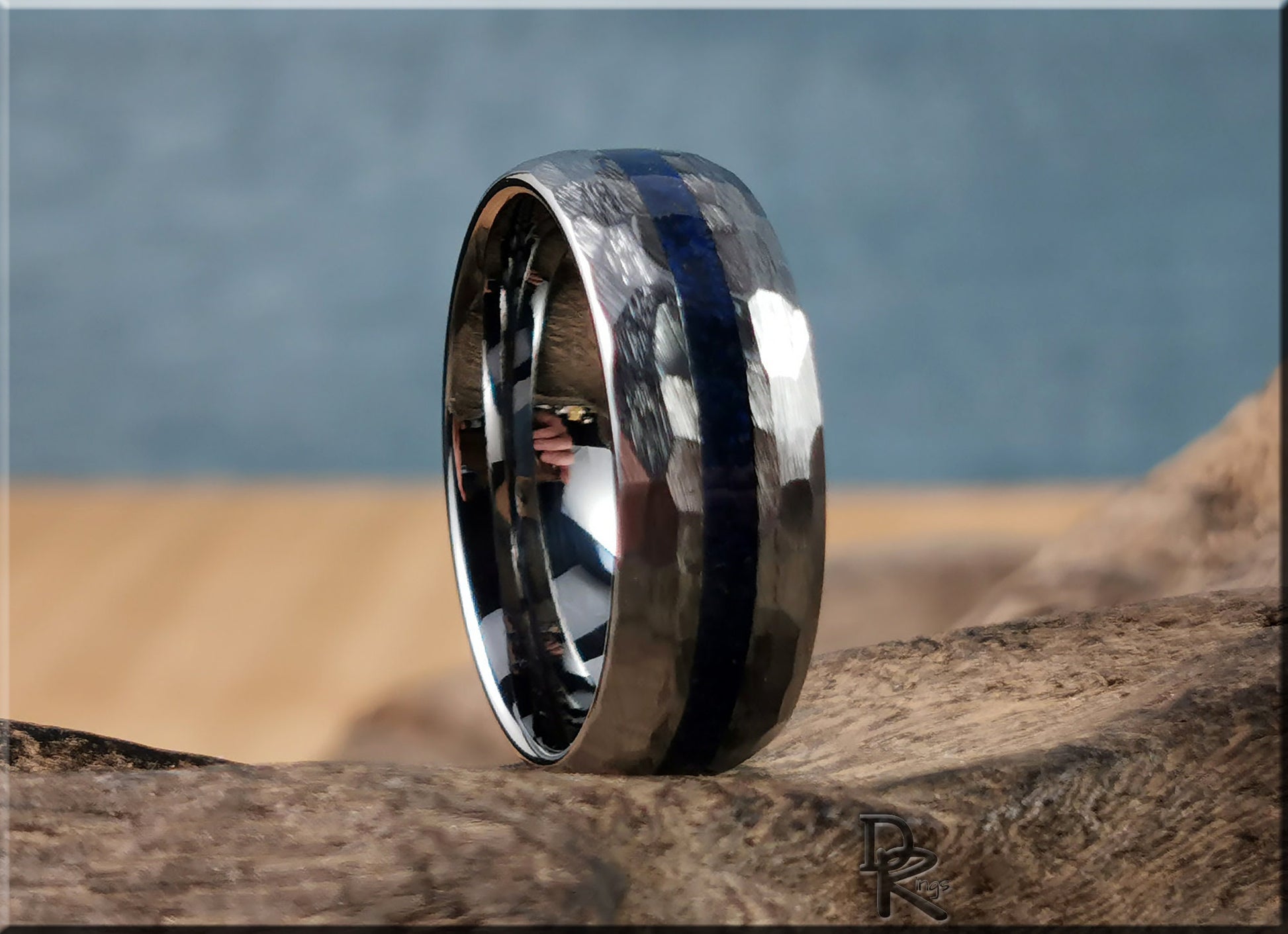 Hammered Tungsten Carbide Channel Ring w/Lapis Lazuli inlay - metal ring