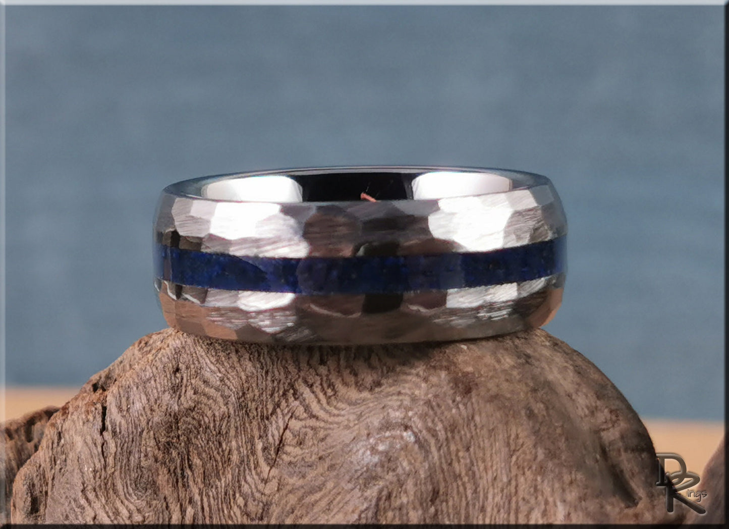 Hammered Tungsten Carbide Channel Ring w/Lapis Lazuli inlay - metal ring