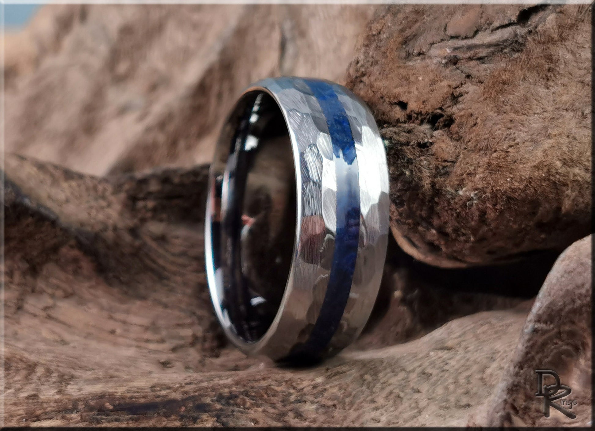 Hammered Tungsten Carbide Channel Ring w/Lapis Lazuli inlay - metal ring