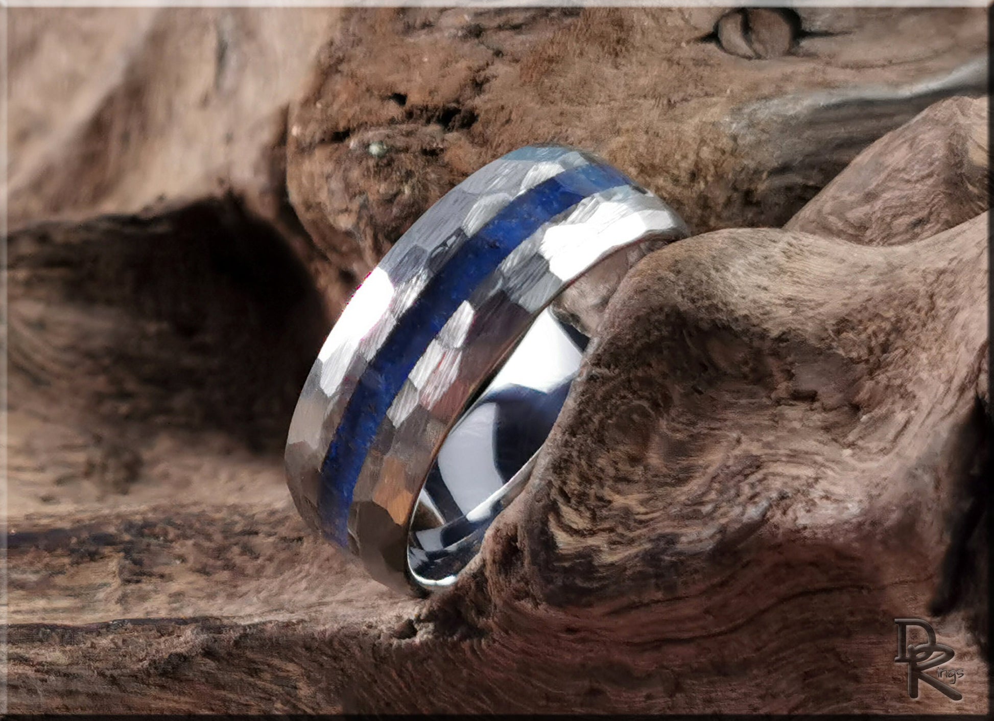 Hammered Tungsten Carbide Channel Ring w/Lapis Lazuli inlay - metal ring