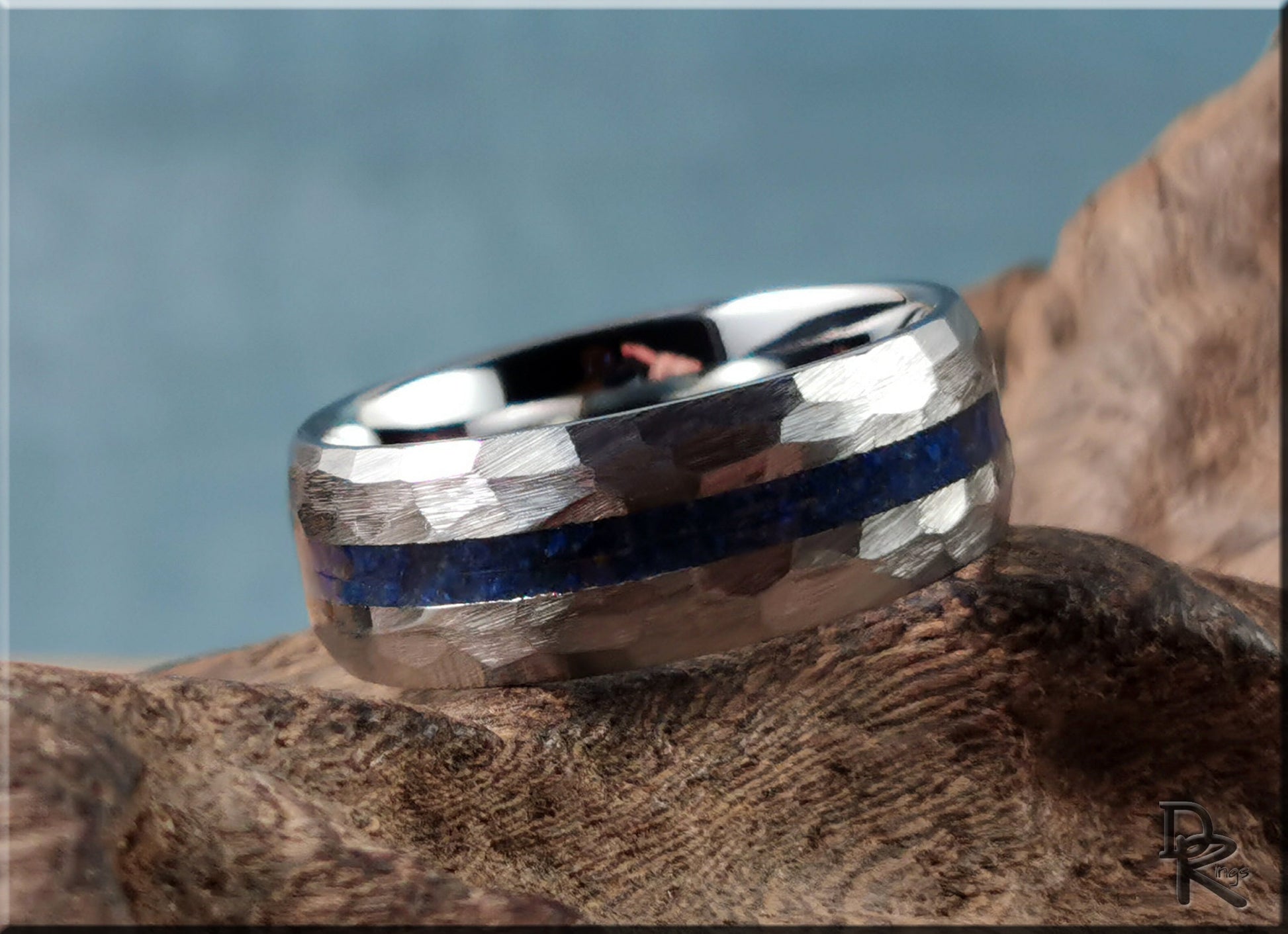 Hammered Tungsten Carbide Channel Ring w/Lapis Lazuli inlay - metal ring