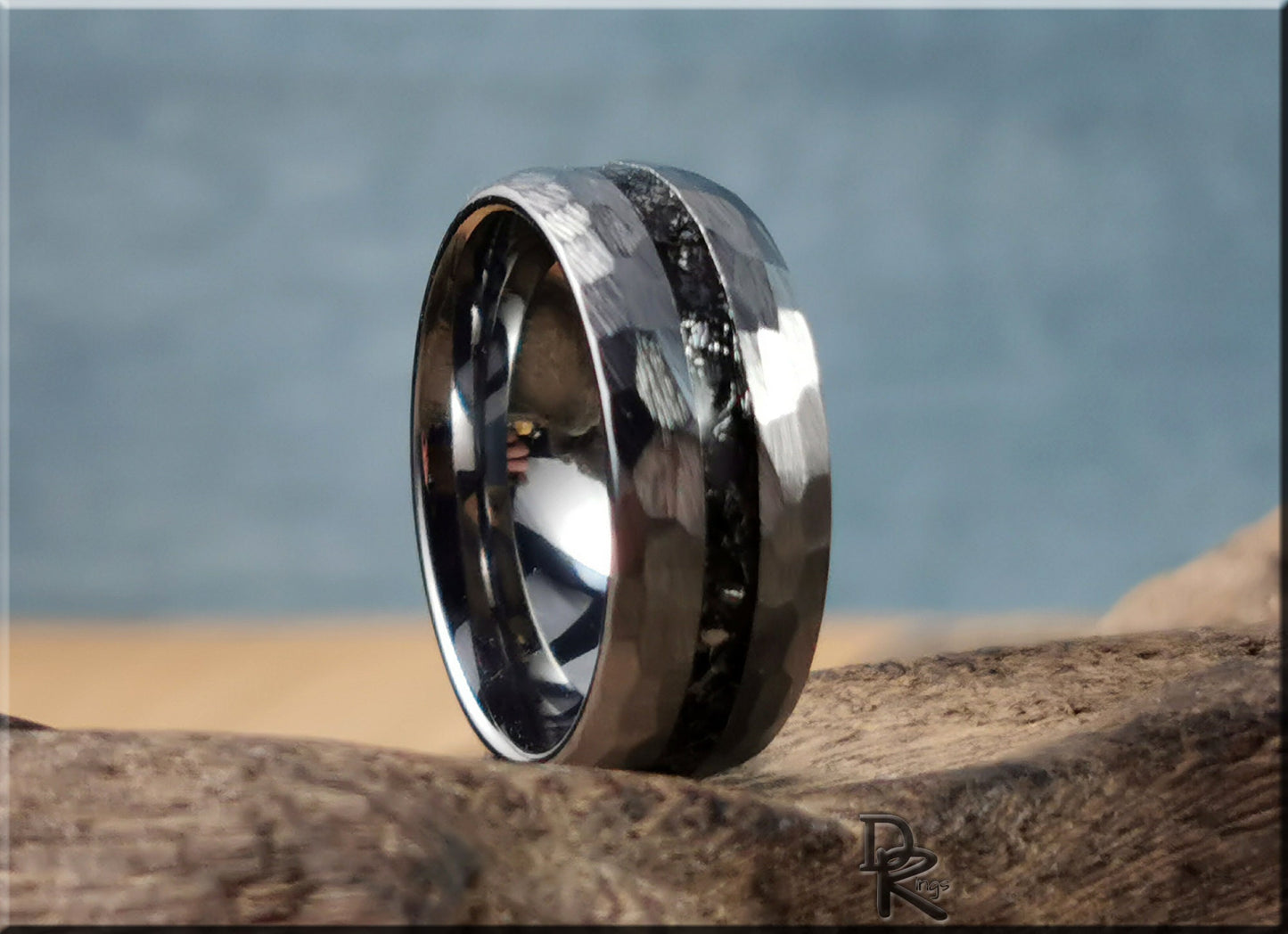 Hammered Tungsten Carbide Channel Ring w/Odessa Metorite inlay - metal ring