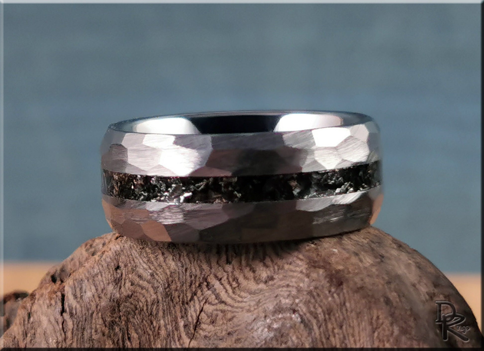 Hammered Tungsten Carbide Channel Ring w/Odessa Metorite inlay - metal ring