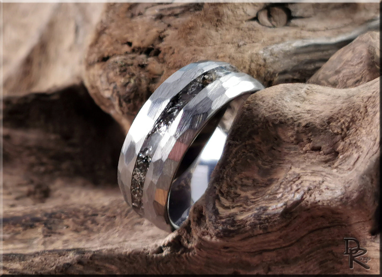 Hammered Tungsten Carbide Channel Ring w/Odessa Metorite inlay - metal ring