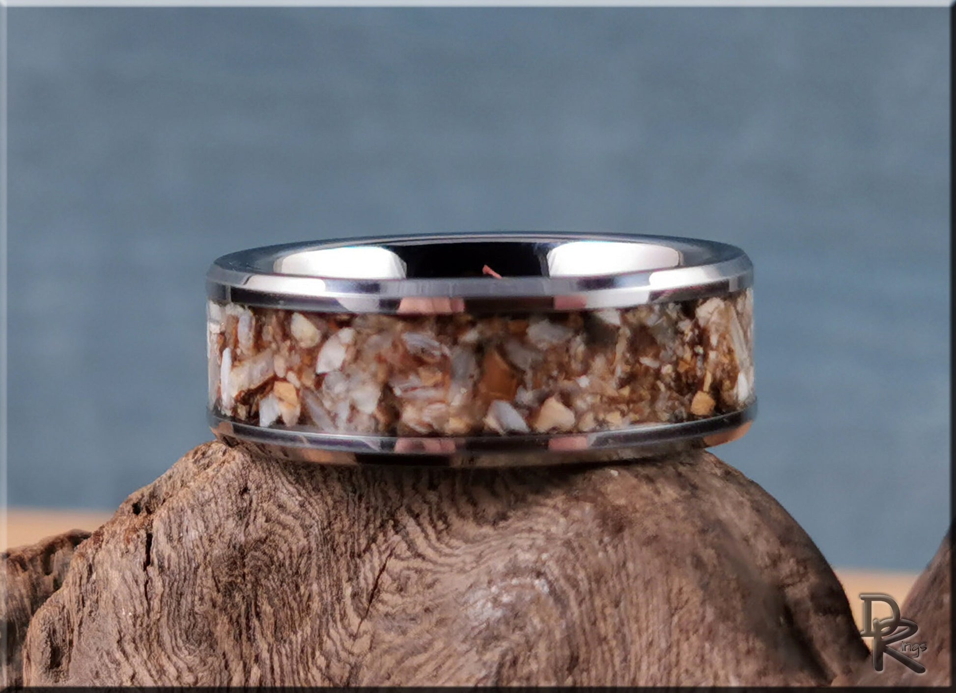 Tungsten Carbide Channel Ring w/Fossilised Ice Age Horse Tooth inlay - metal ring