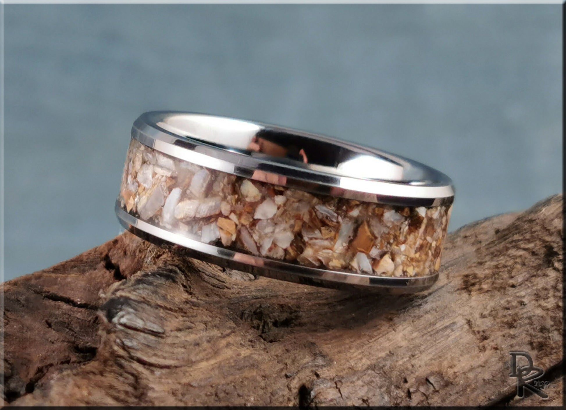 Tungsten Carbide Channel Ring w/Fossilised Ice Age Horse Tooth inlay - metal ring