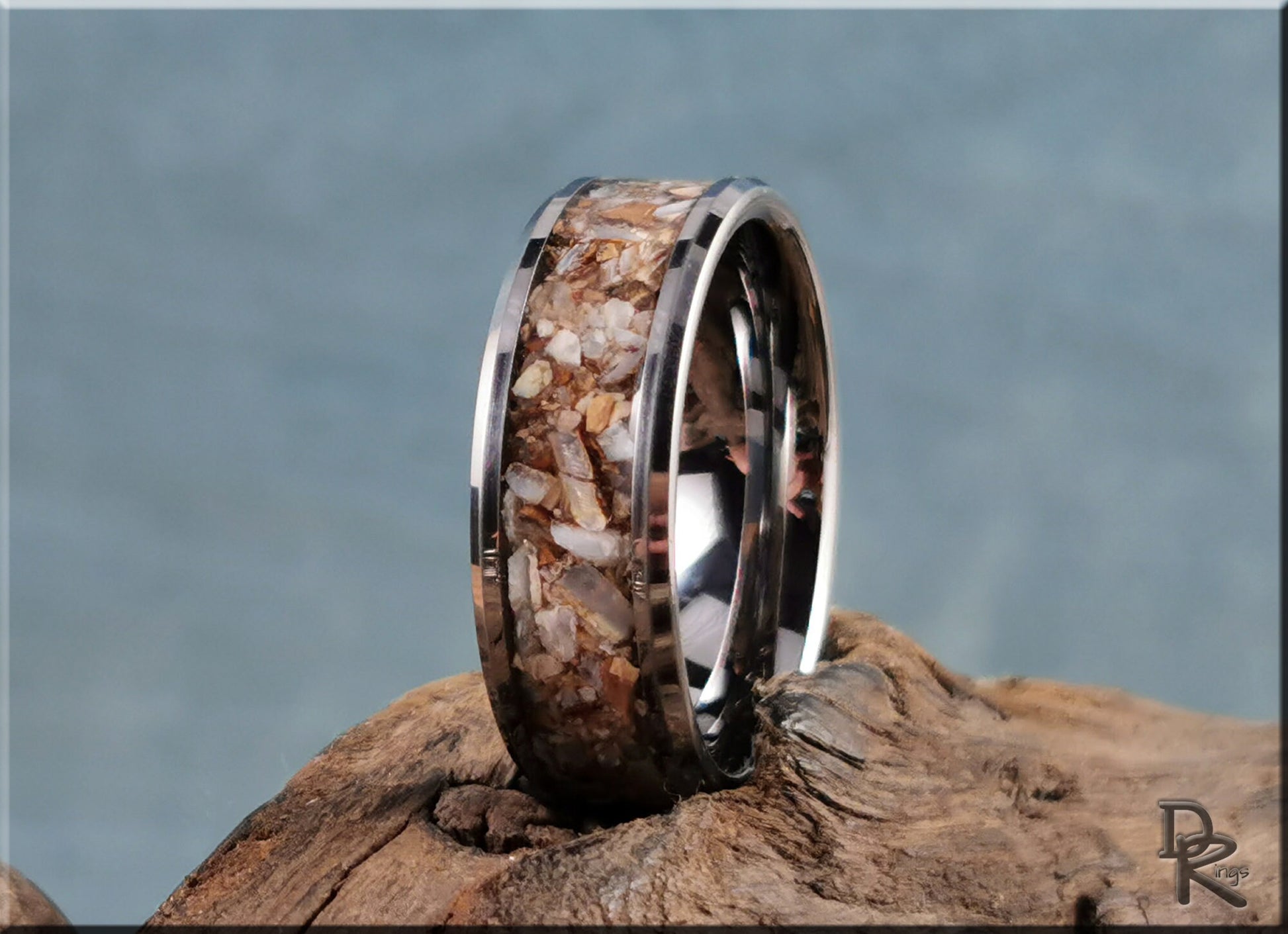 Tungsten Carbide Channel Ring w/Fossilised Ice Age Horse Tooth inlay - metal ring